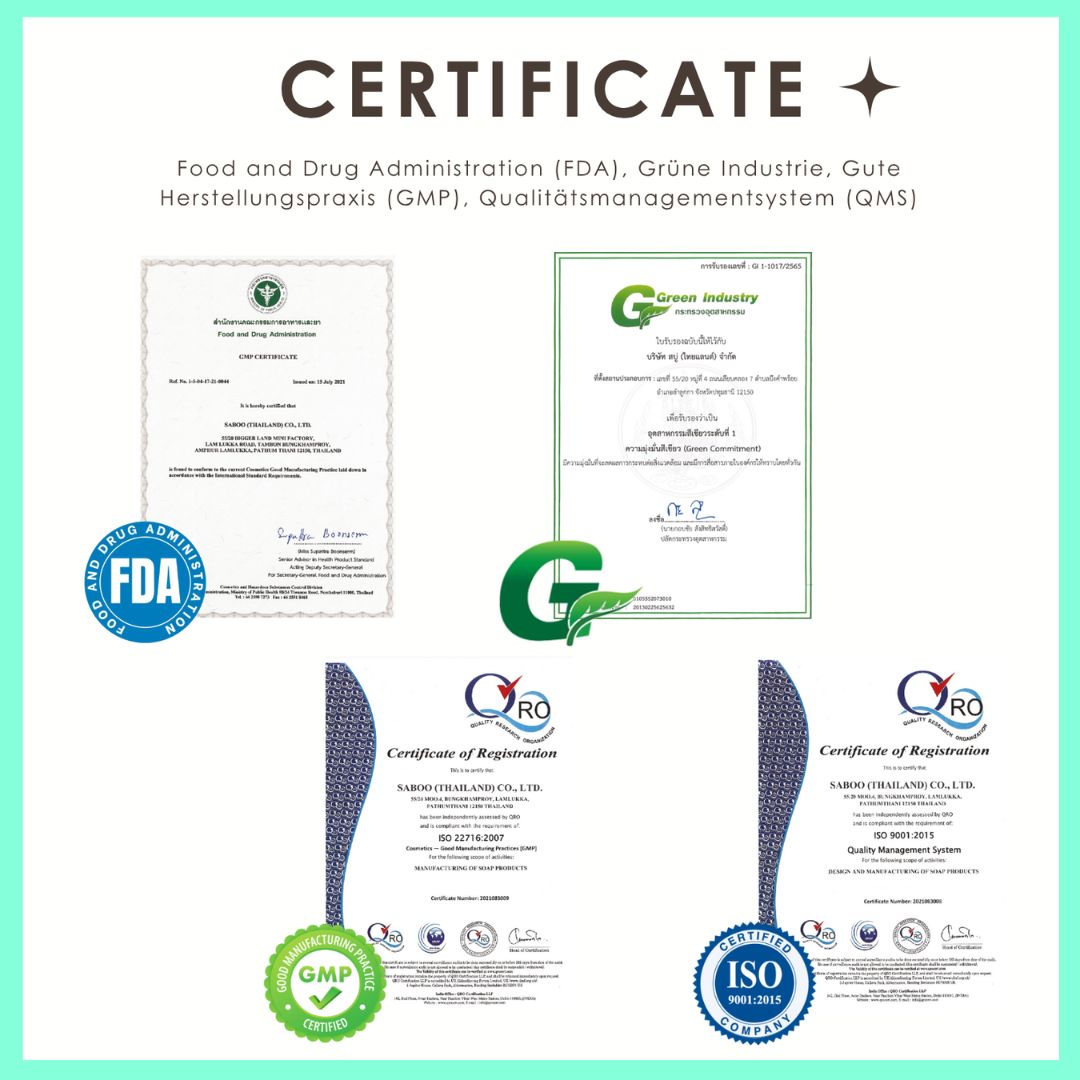 Zertifikate: FDA, GMP, ISO 9001. Logos und Text.