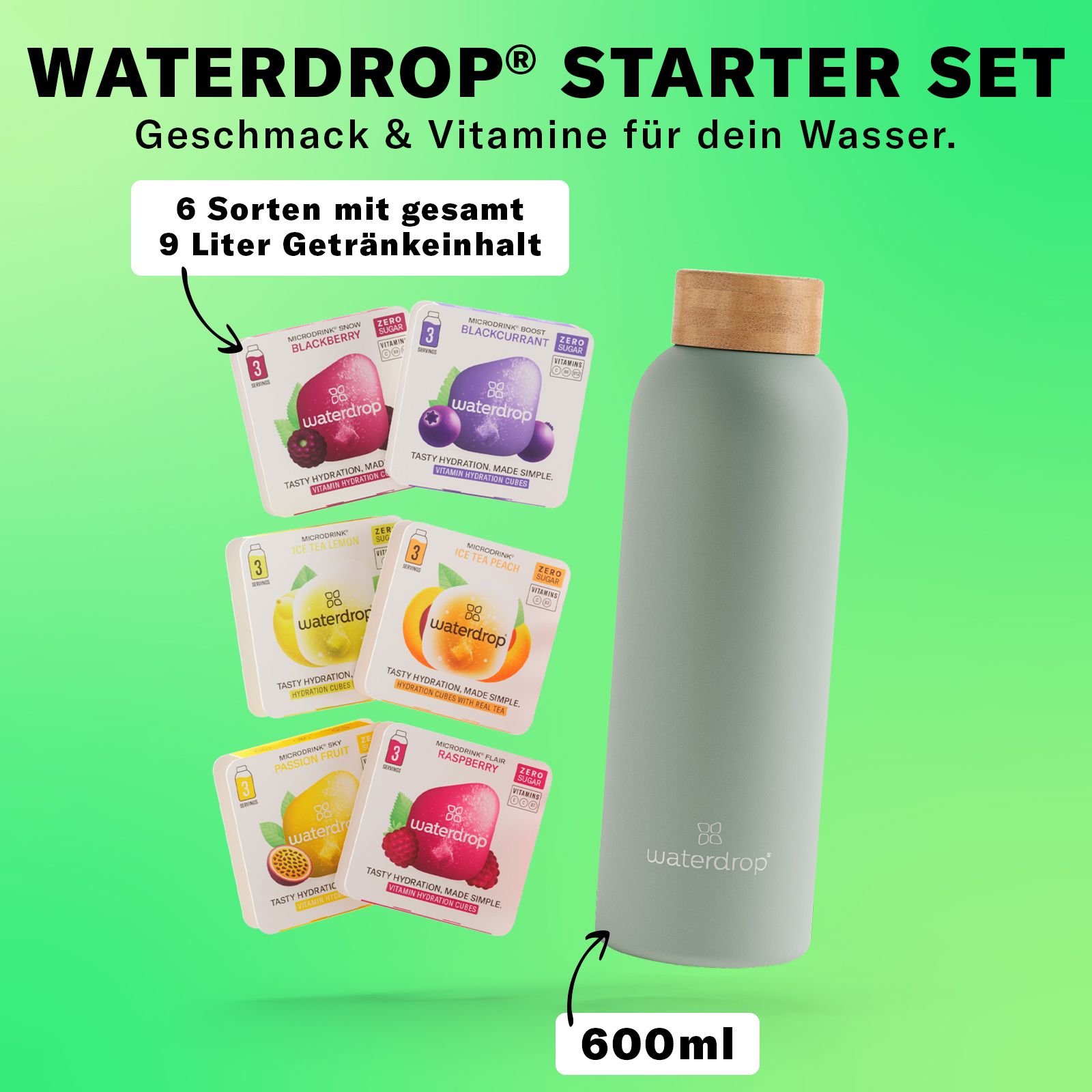 Starterset mit Trinkflasche, 6 Getränkesorten und 9 Liter Getränkeinhalt. Flasche grün, 600ml. Wasserdrop Logo.