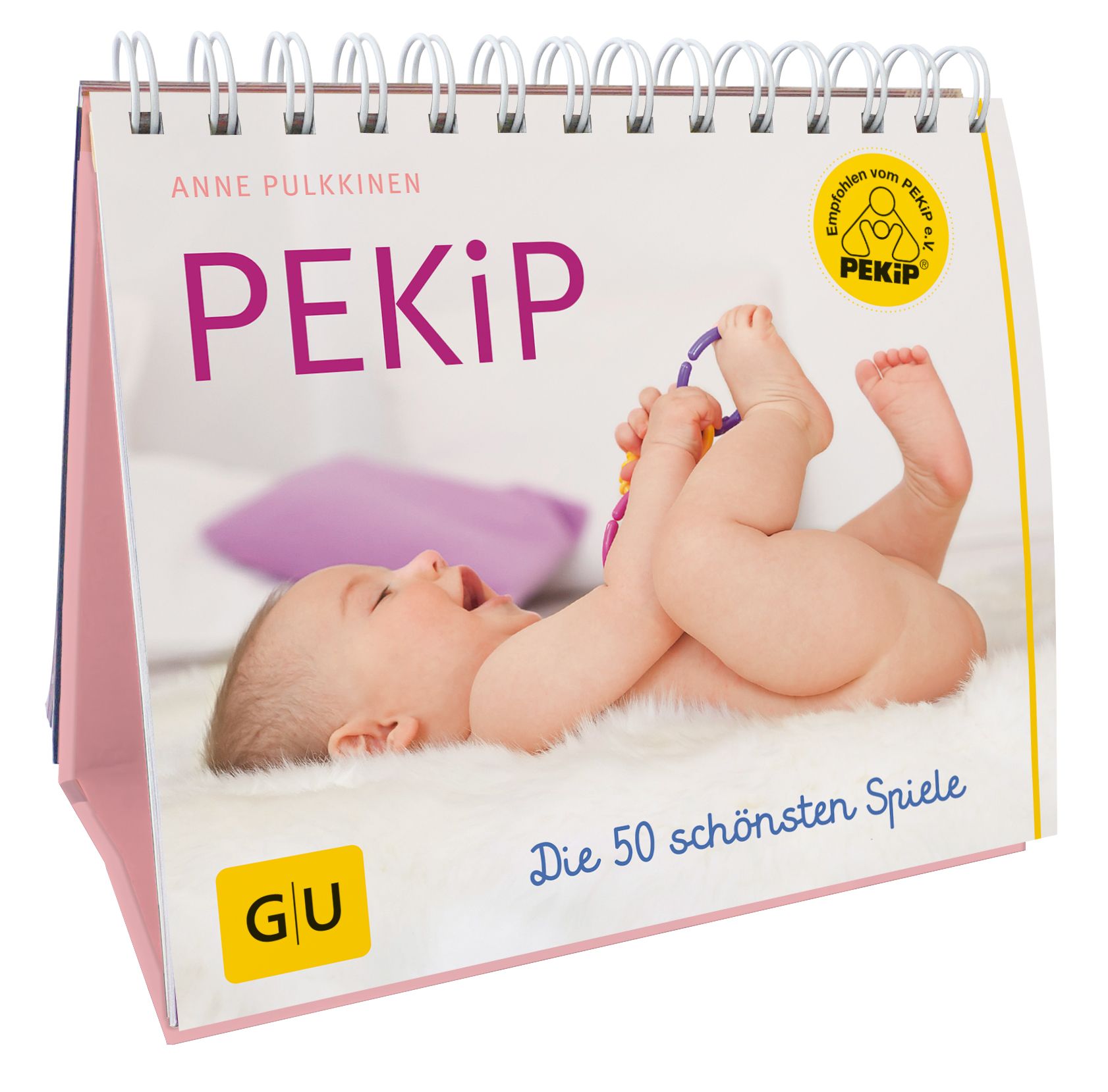 Tischkalender mit Spiralbindung. Titel: PEKiP. Baby liegt auf dem Rücken, hält Spielzeug. GU-Logo.