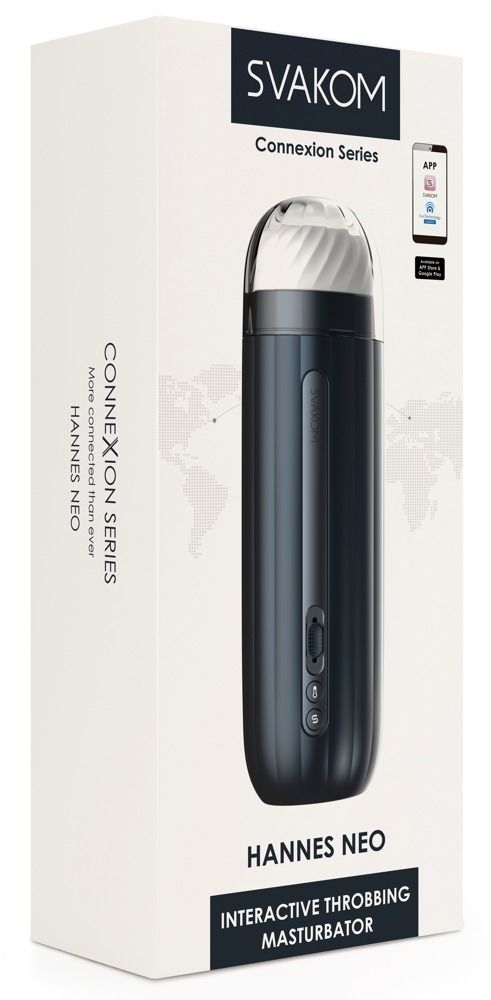 Verpackung von SVAKOM Hannes Neo. Produkt in der Verpackung. Text: Connexion Series, Hannes Neo.
