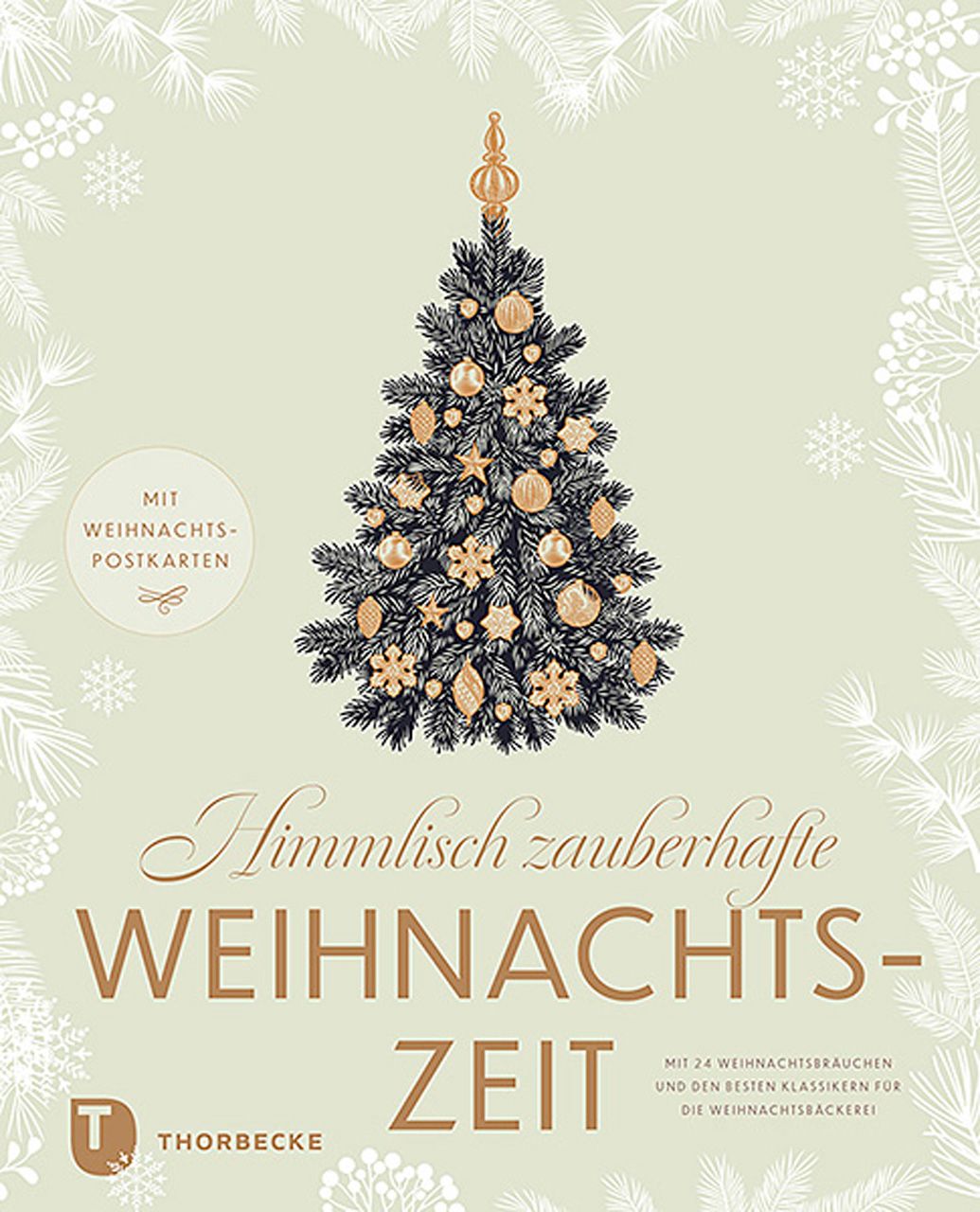 Buchcover mit Weihnachtsbaum-Illustration. Titel: Himmlisch zauberhafte Weihnachtszeit. Verlag: Thorbecke. Mit Weihnachts-Postkarten.