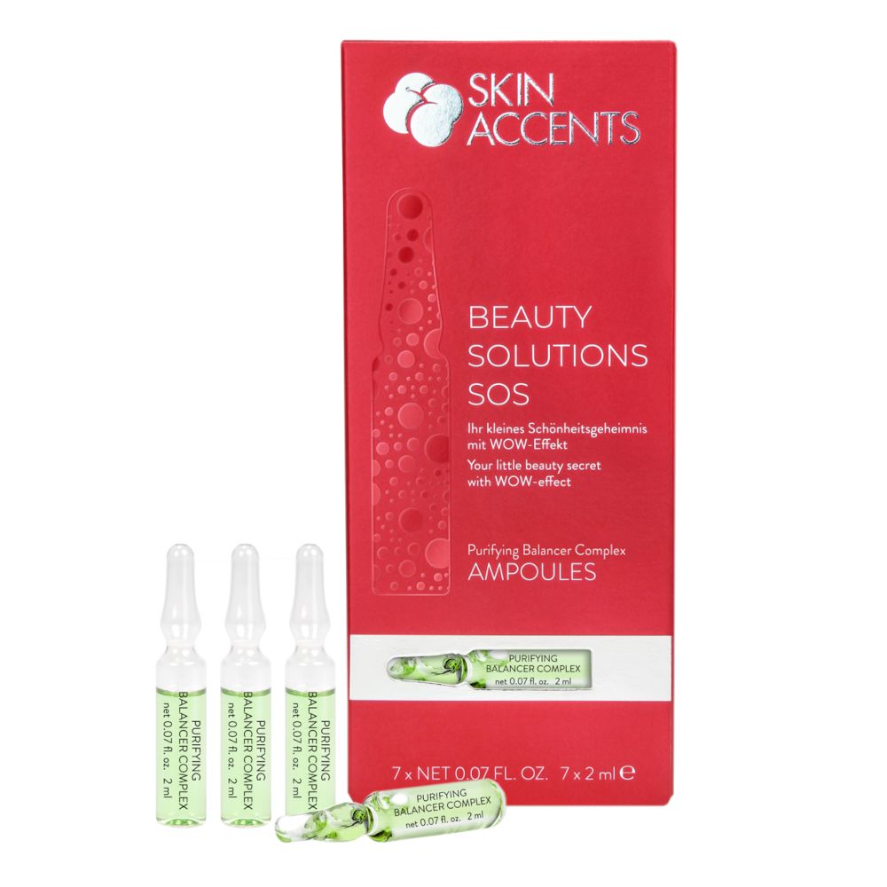 Rote Schachtel mit Ampullen. Aufschrift SKIN ACCENTS, BEAUTY SOLUTIONS SOS. Enthält sieben Ampullen mit je 2 ml. Produktname: Purifying Balancer Complex.