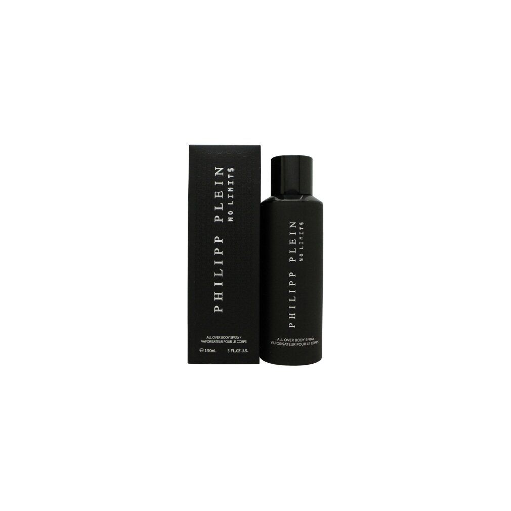 Schwarze Flasche und Verpackung. Aufschrift: PHILIPP PLEIN NO LIMITS. All Over Body Spray. 120ml.