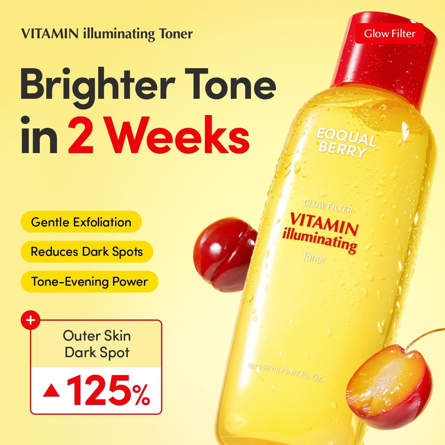 Gelbe Flasche mit rotem Deckel. Aufschrift: EQQUALBERRY, Vitamin Illuminating Toner. Text: Brighter Tone in 2 Weeks. Plus-Symbol und Prozentangabe.