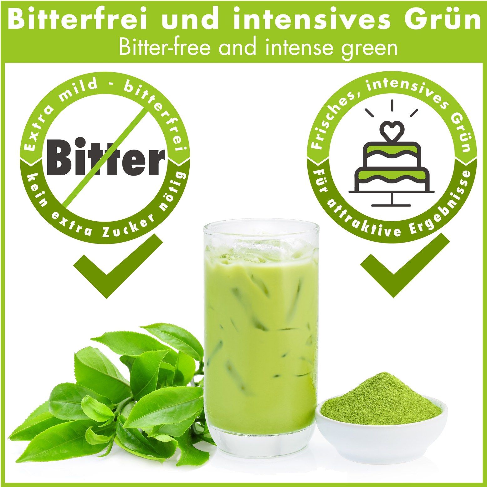 Glas mit grünem Getränk, Schale mit Pulver, Blätter. Text: Bitterfrei und intensives Grün.