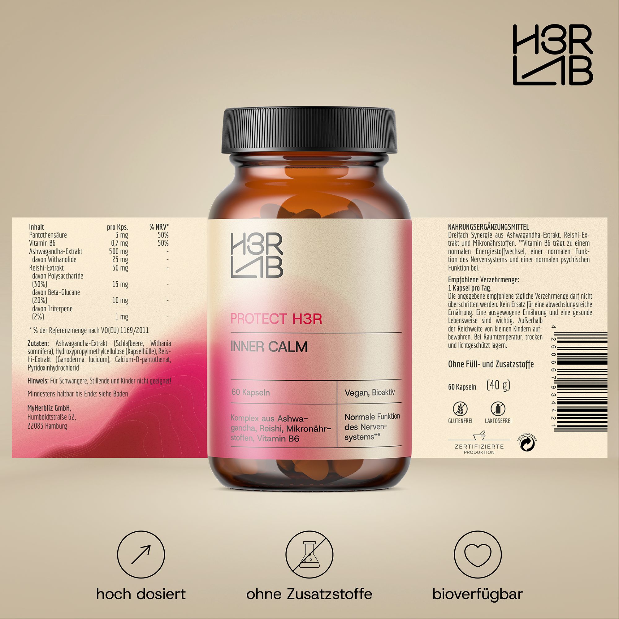 H3R LAB Inner Calm – Ashwagandha & Reishi mit Vitamin B6 & Pantothensäure, vegan – 60 Kapseln