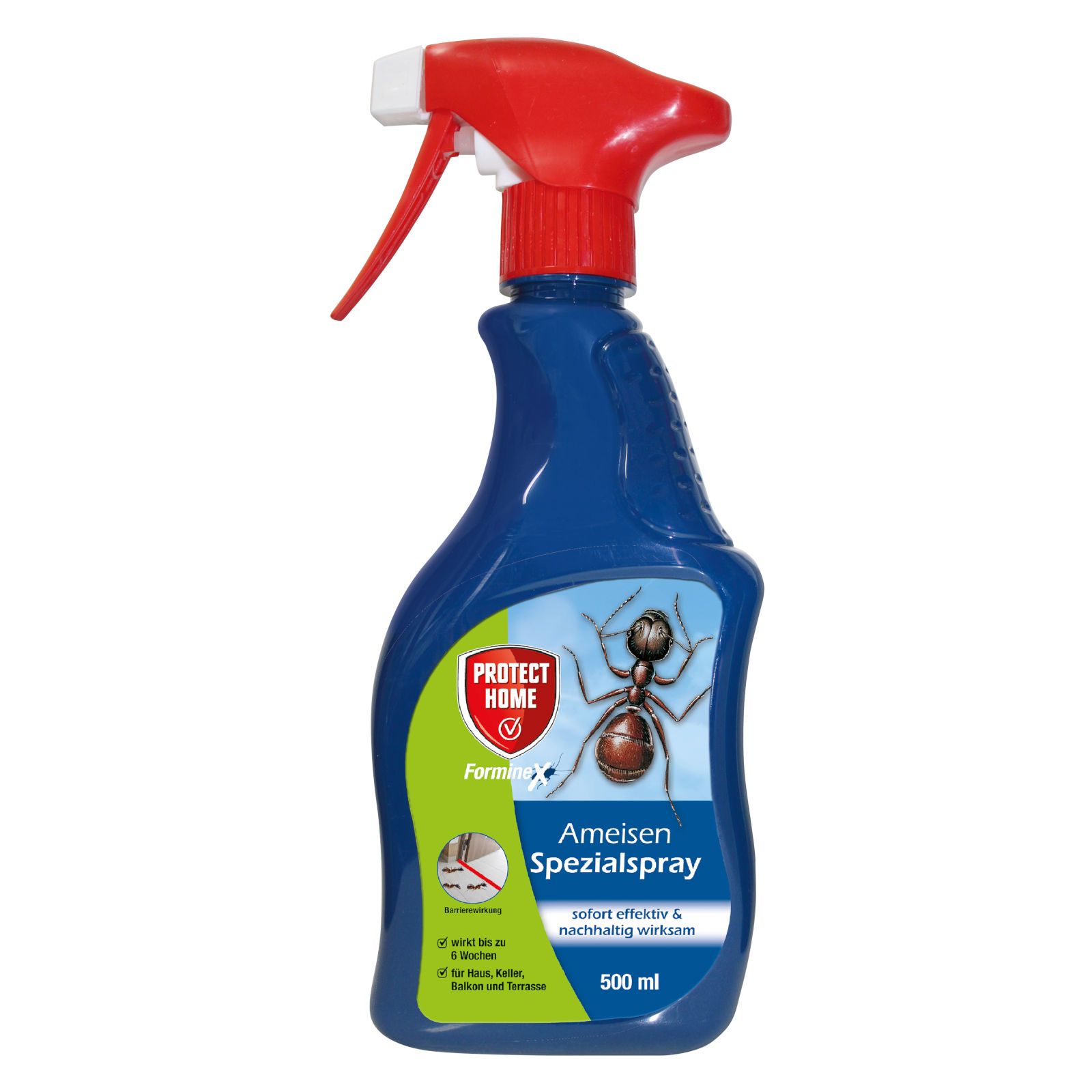 Blaue Sprühflasche mit rotem Sprühkopf. Aufschrift: Protect Home FormineX Ameisen Spezialspray. Abbildung einer Ameise.