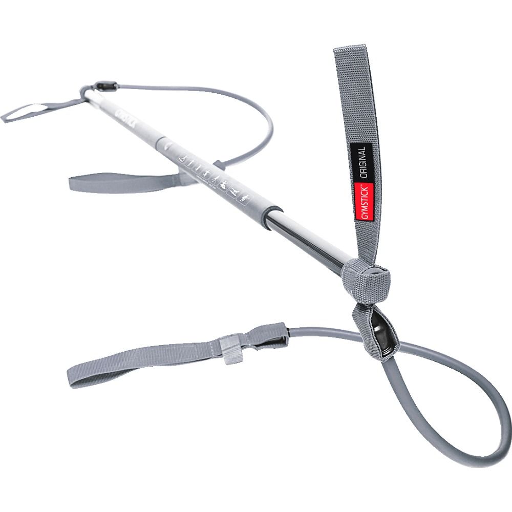 Grauer Gymstick Original 2.0. Das Fitnessgerät hat graue Seile und Bänder. Der Name ist auf einem Band in Rot und Weiß aufgedruckt.