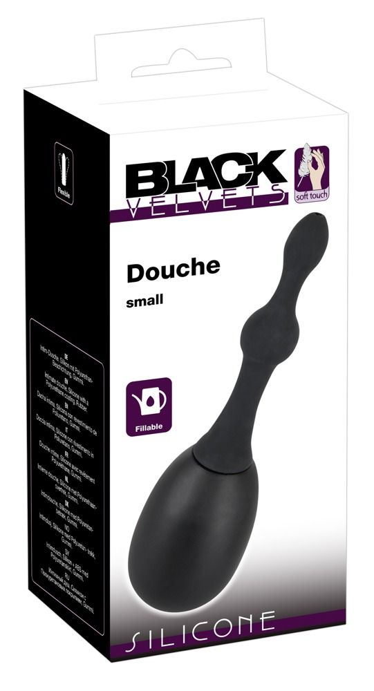 Verpackung der Anal-Dusche. Aufschrift: Black Velvets, Douche, small, Silicone.
