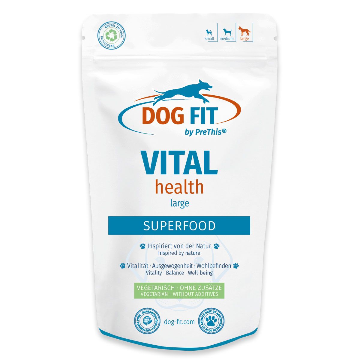 Beutel mit "DOG FIT by PreThis® VITAL health" und "SUPERFOOD" Aufdruck. Text: "large", "Vegetarisch - ohne Zusätze".