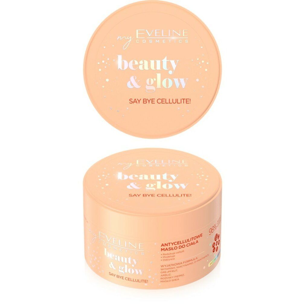 Beige Dose mit Aufschrift "beauty & glow" und "SAY BYE CELLULITE!". Marke Eveline Cosmetics.