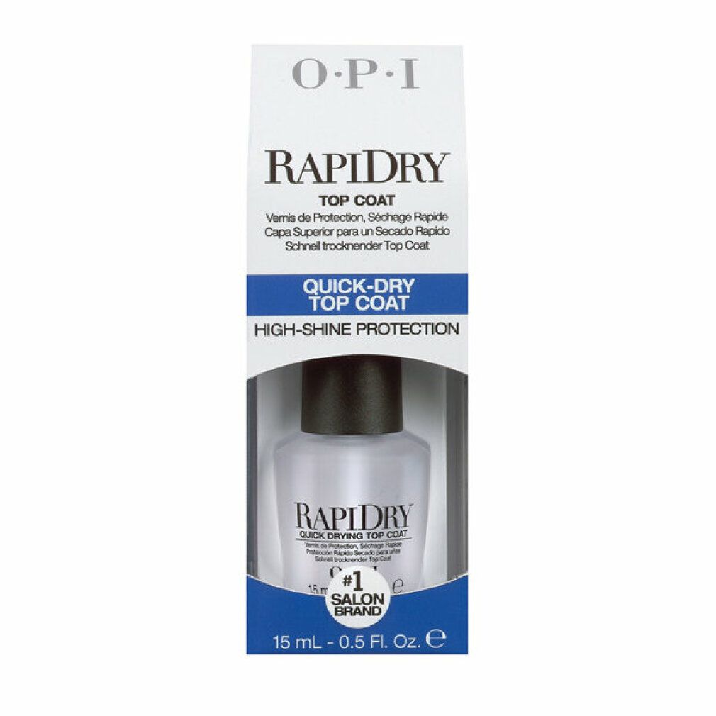 OPI Rapidry Top Coat in Verpackung. Verpackung mit Produktabbildung. Aufschrift: Rapidry, OPI, Quick-Dry Top Coat, 15 ml - 0.5 fl. oz.