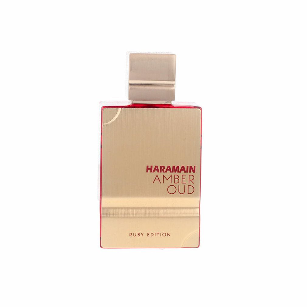 Goldfarbener Flakon. Aufschrift: Haramain Amber Oud Ruby Edition. Roter Akzent. Eckige Form. Goldener Verschluss.