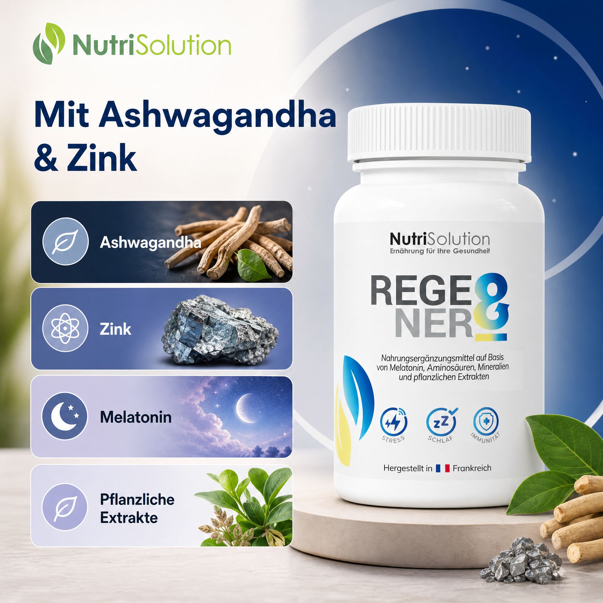 NutriSolution Regener-8 Flasche mit Ashwagandha, Zink und Melatonin.