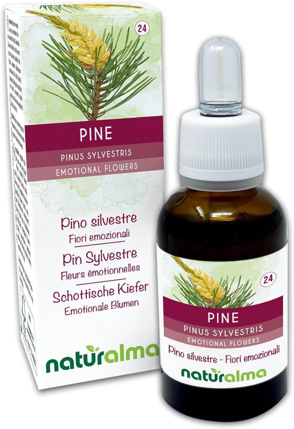 Braune Glasflasche mit weißem Verschluss und Karton. Aufschrift: PINE, Pinus sylvestris, Emotional Flowers. Marke: naturalma.