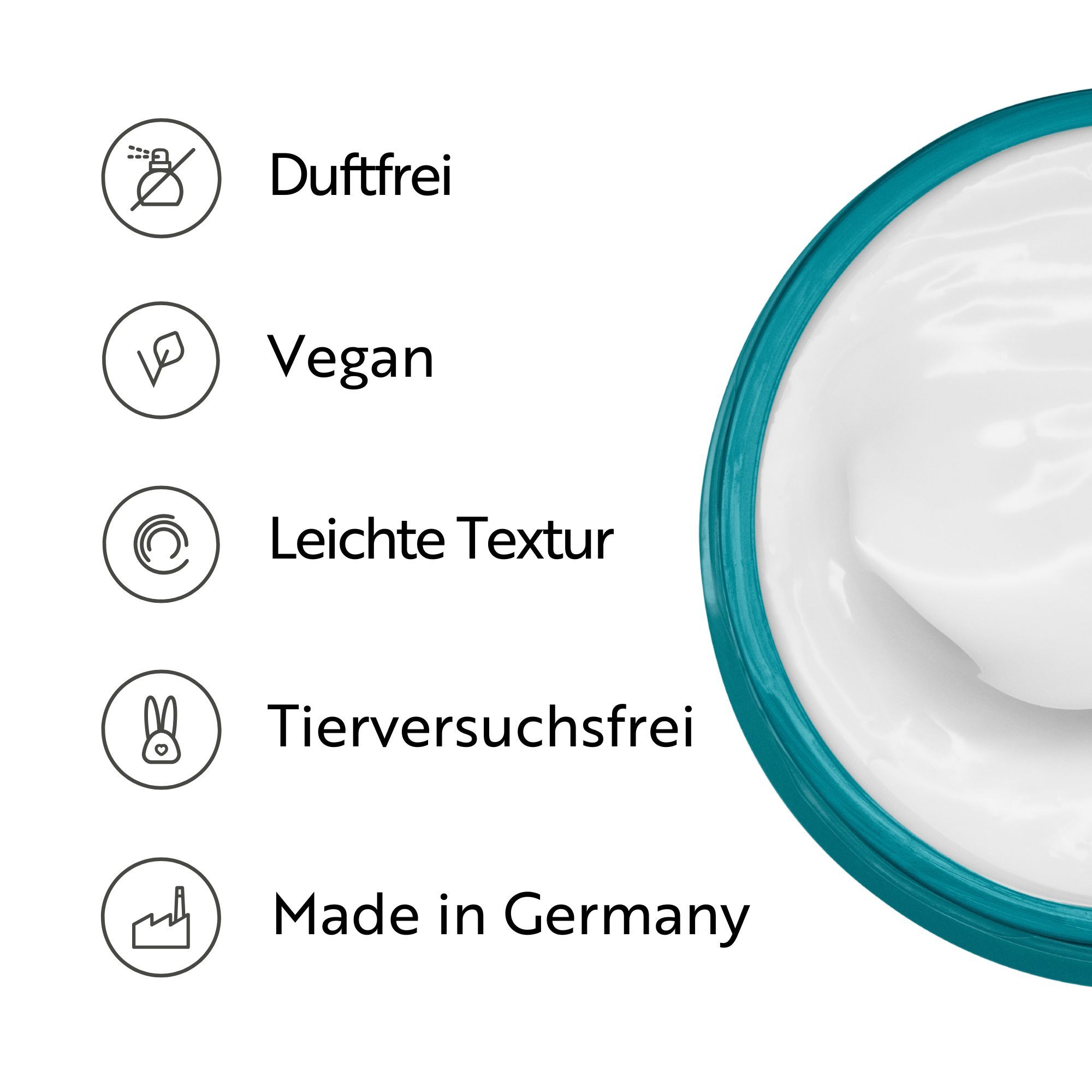 Primo piano del prodotto. Simboli: Senza profumo, Vegano, Texture leggera, Cruelty-free, Made in Germany. Crema visibile.