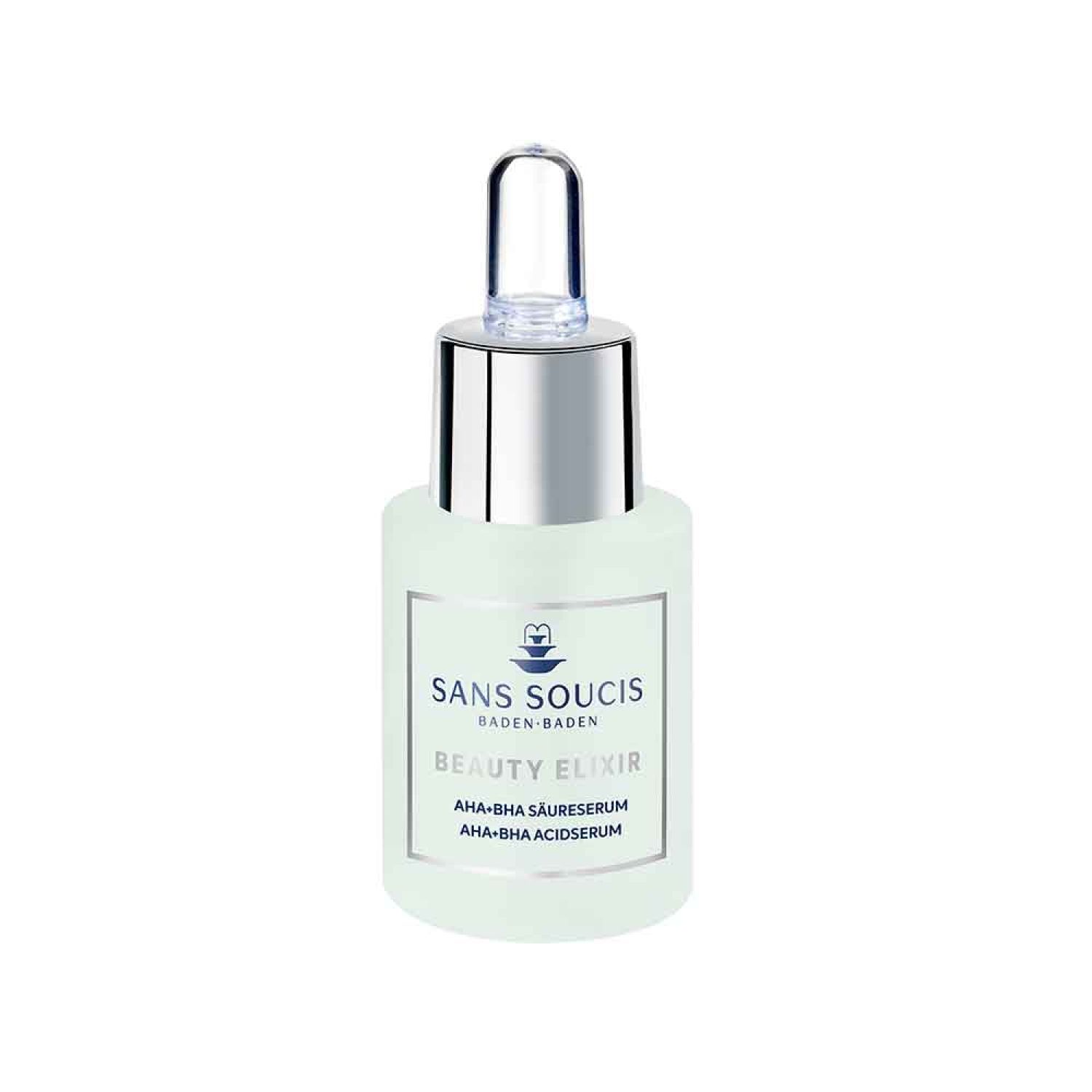 Flakon mit Pipette. Aufschrift: SANS SOUCIS, BEAUTY ELIXIR, AHA-BHA Säureserum. Silberner Verschluss.