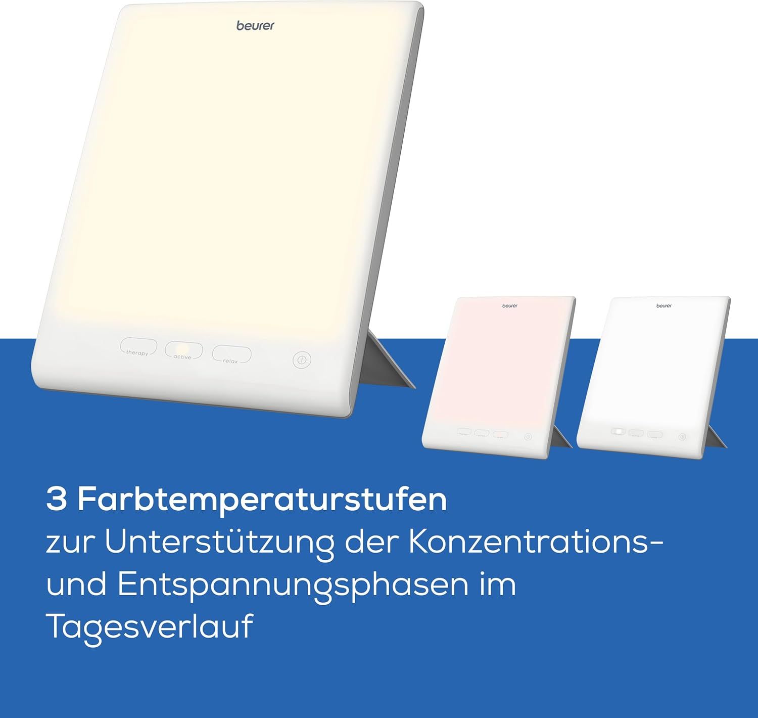 Drei Tageslichtlampen in verschiedenen Farben. Text: 3 Farbtemperaturstufen zur Unterstützung der Konzentrations- und Entspannungsphasen.