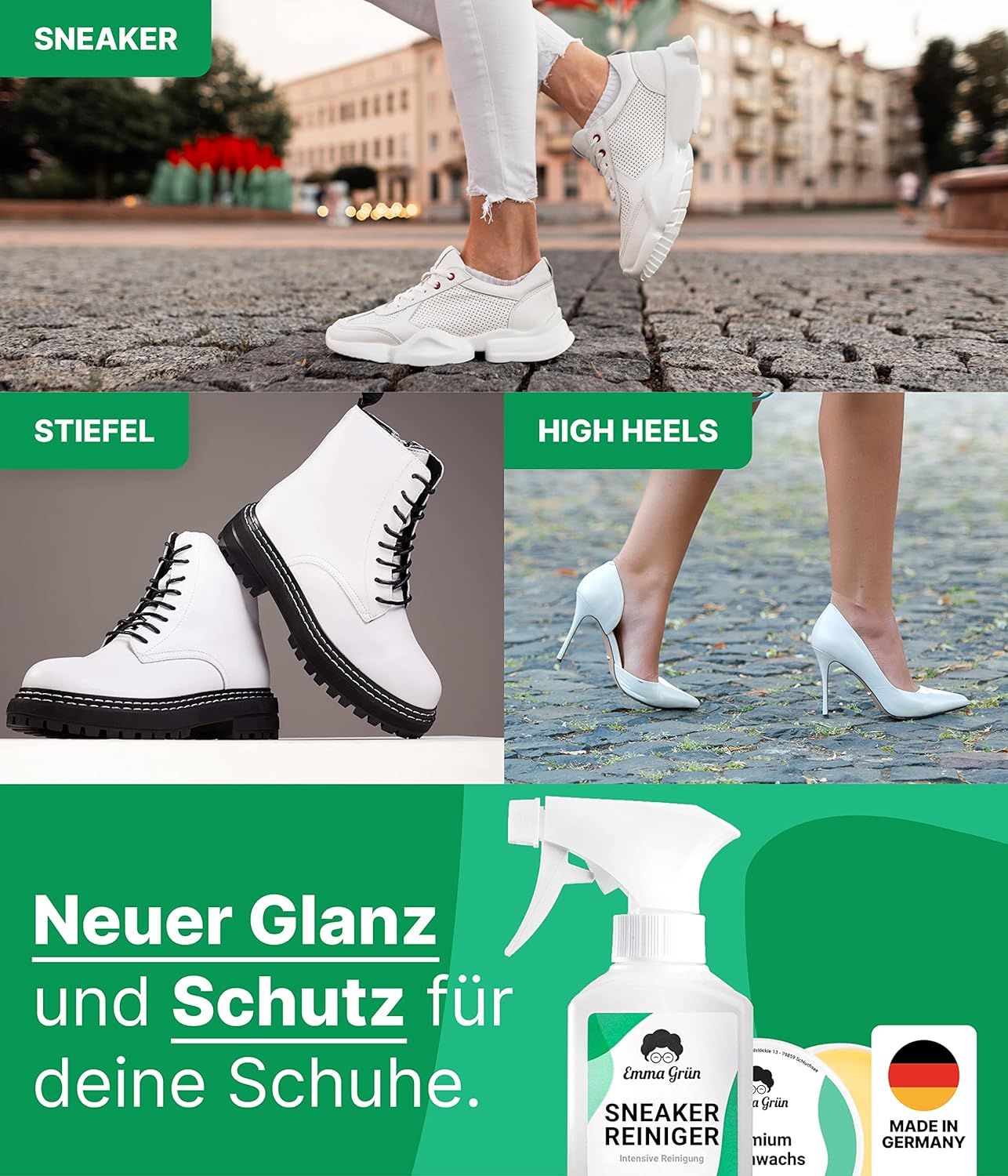 Emma Grün® Sneaker-Reinigungsset mit Putzmittel & Premium Schuhwachs inkl. Schwamm & Schuhbürste