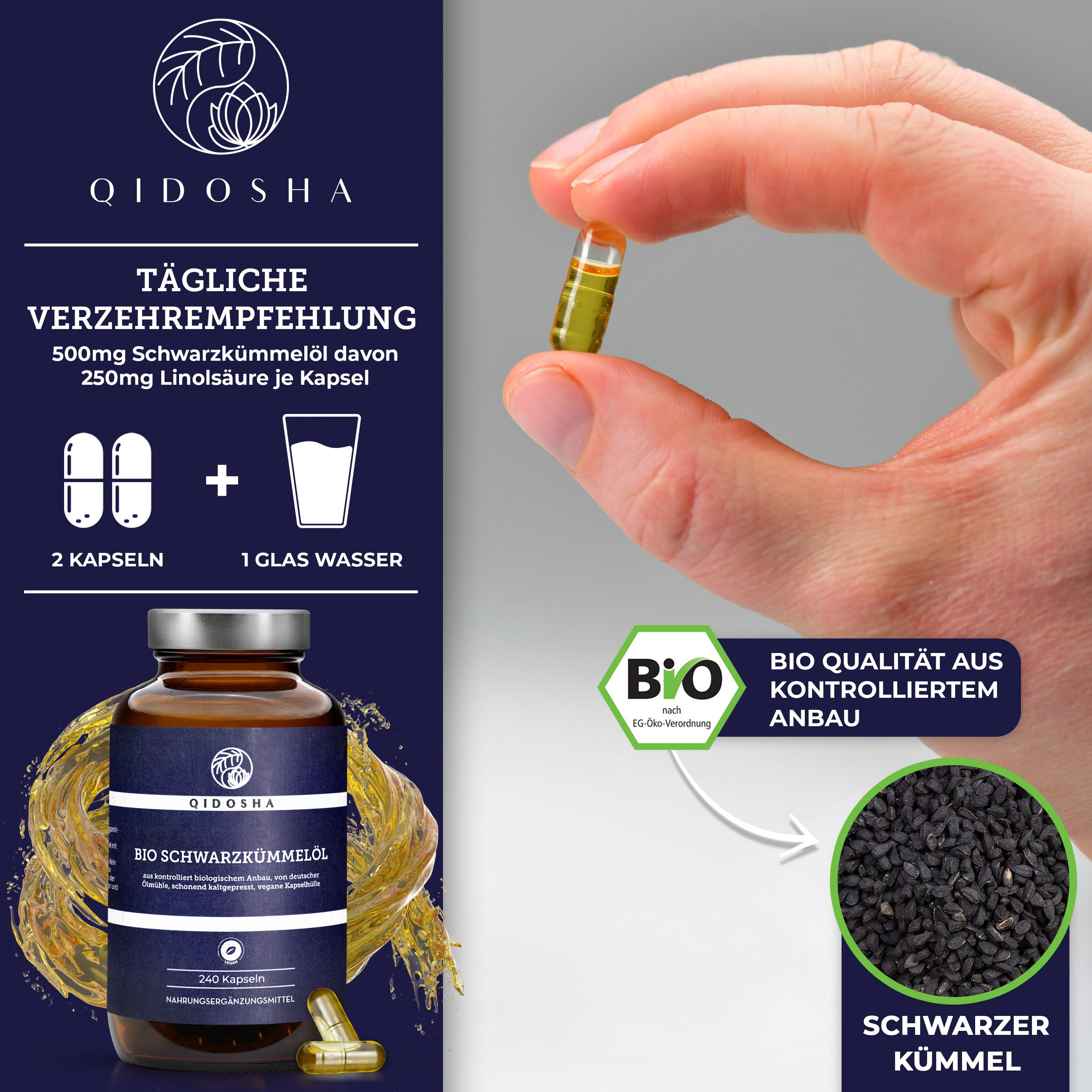 Hand hält Kapsel. Flasche QIDOSHA BIO SCHWARZKÜMMELÖL. 240 Kapseln. Bio-Siegel. Schwarzkümmel und Wasserglas.