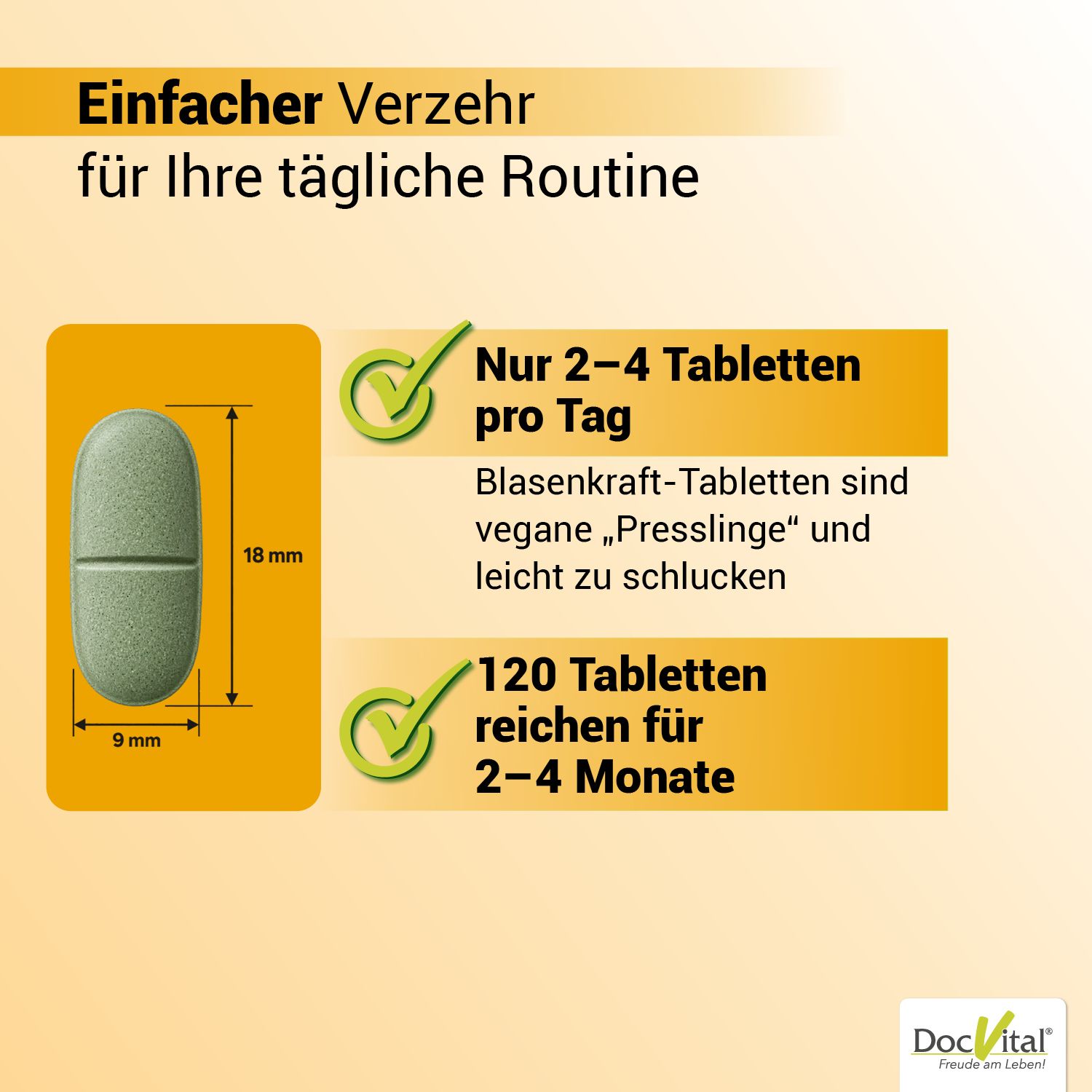 Grüne Tablette mit Maßangaben (18mm x 9mm), Hinweis auf 2-4 Tabletten täglich und 120 Tabletten Inhalt.
