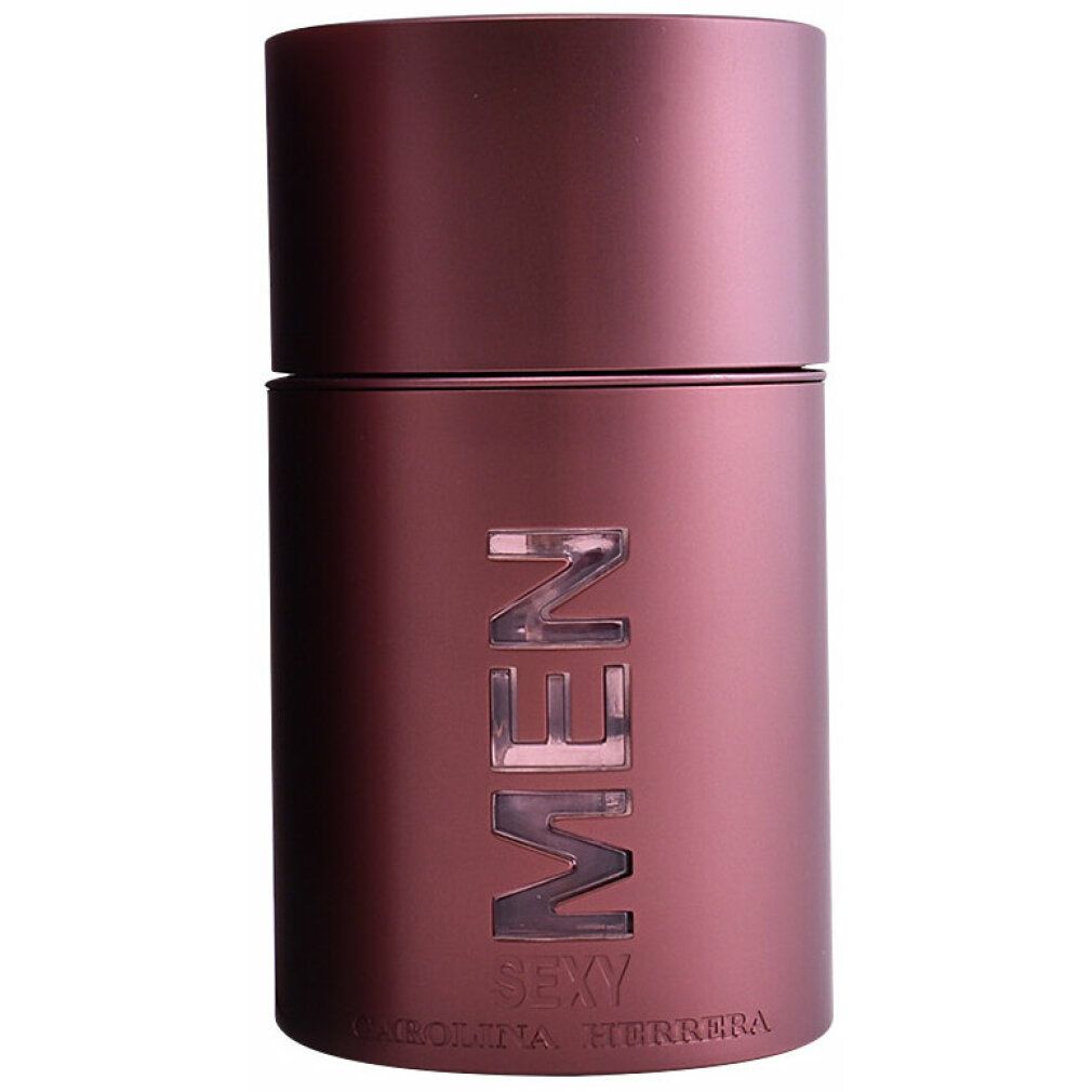 Braune Flasche mit "SEXY MEN" und "Carolina Herrera" Schriftzug. Zylindrische Form mit Deckel.