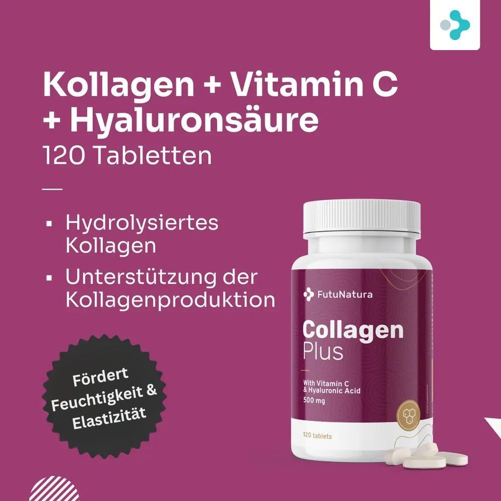 Flasche mit lila Etikett und weißen Tabletten. Text: Kollagen + Vitamin C + Hyaluronsäure, 120 Tabletten. Text: Hydrolysiertes Kollagen, Kollagenproduktion.