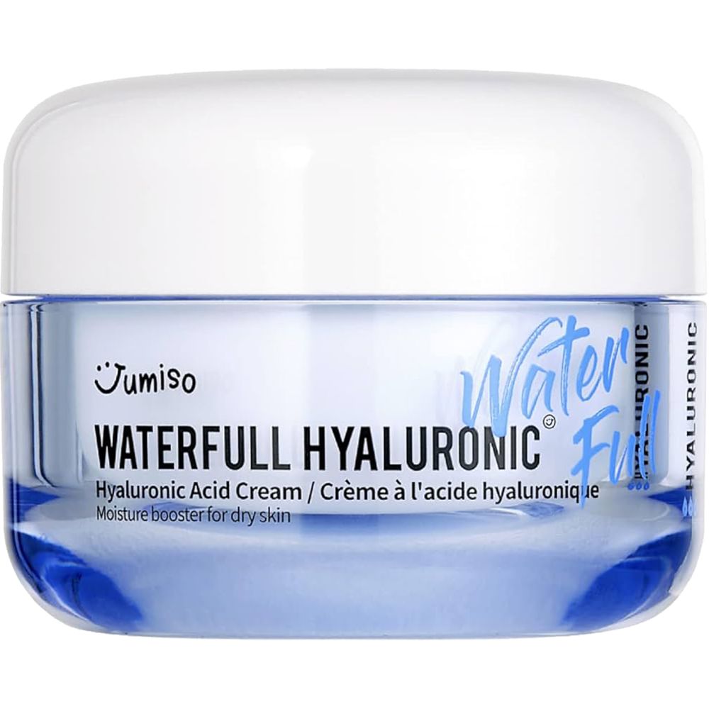 Blau-weiße Creme-Dose. Aufschrift: Waterfull Hyaluronic. Text: Hyaluronsäure-Creme. Feuchtigkeitsbooster für trockene Haut.