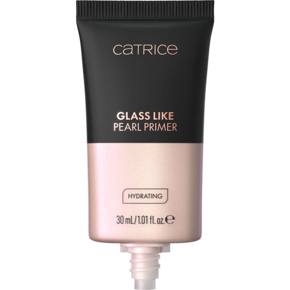 Catrice Primer Tube. Schwarzer Deckel, schwarzer Oberteil, rosafarbener Mittelteil. Schriftzug: Glass Like Pearl Primer, Hydrating, 30 ml.