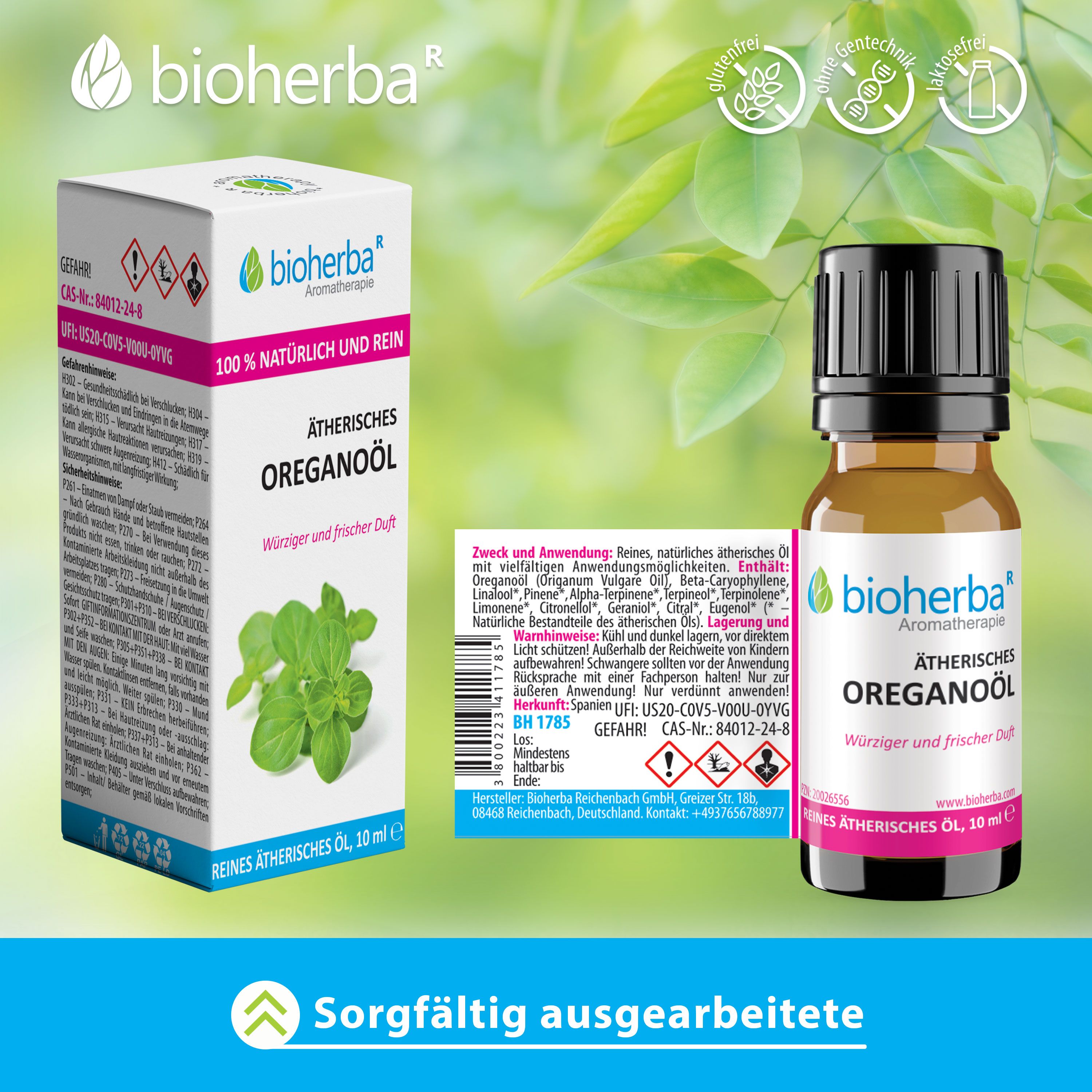 Braune Glasflasche mit schwarzem Deckel und Etikett. Daneben Verpackung mit Produktinformationen und Warnhinweisen.