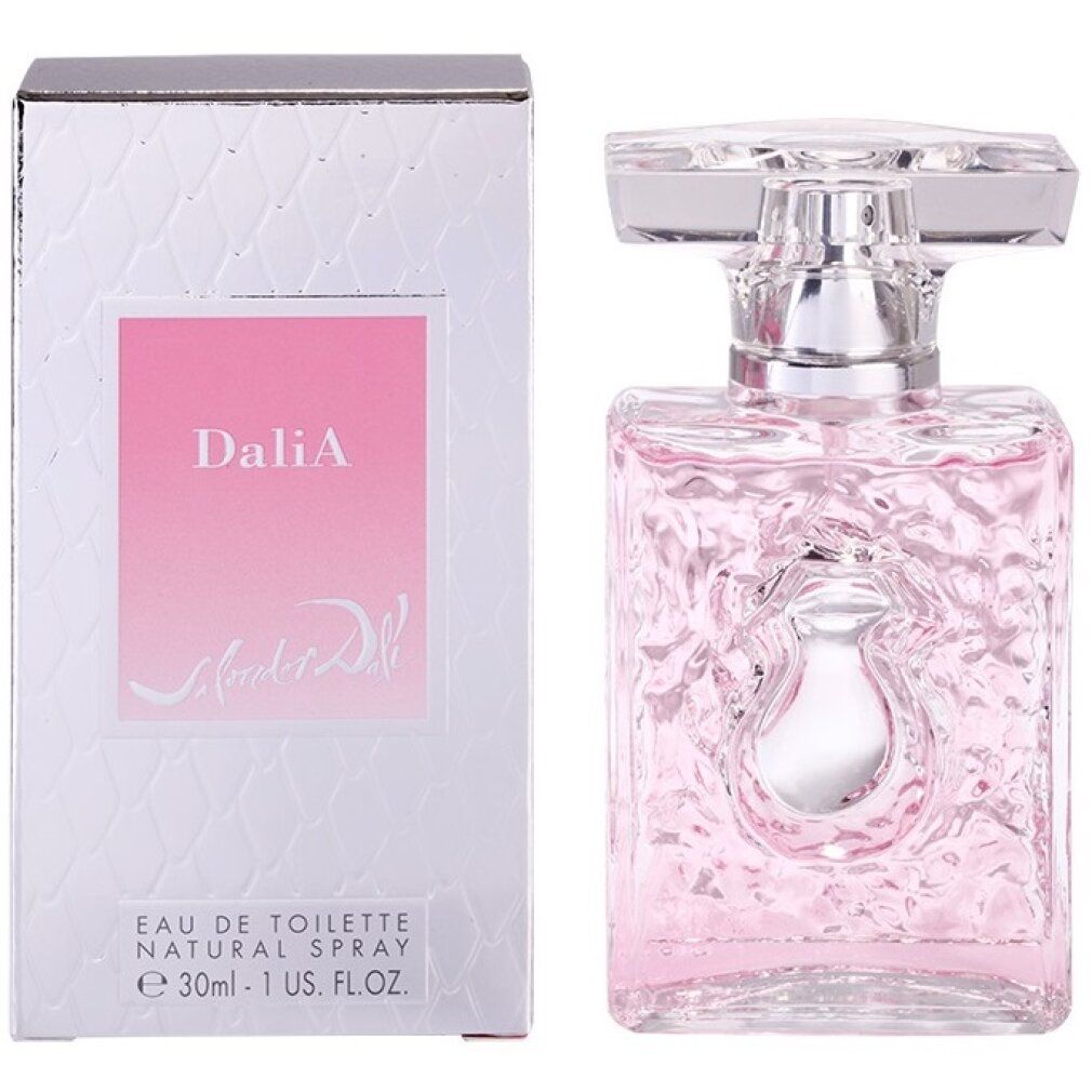Rosa Flakon und Schachtel. Auf der Schachtel steht 'DaliA' und 'Salvador Dali'. 'Eau de Toilette'.