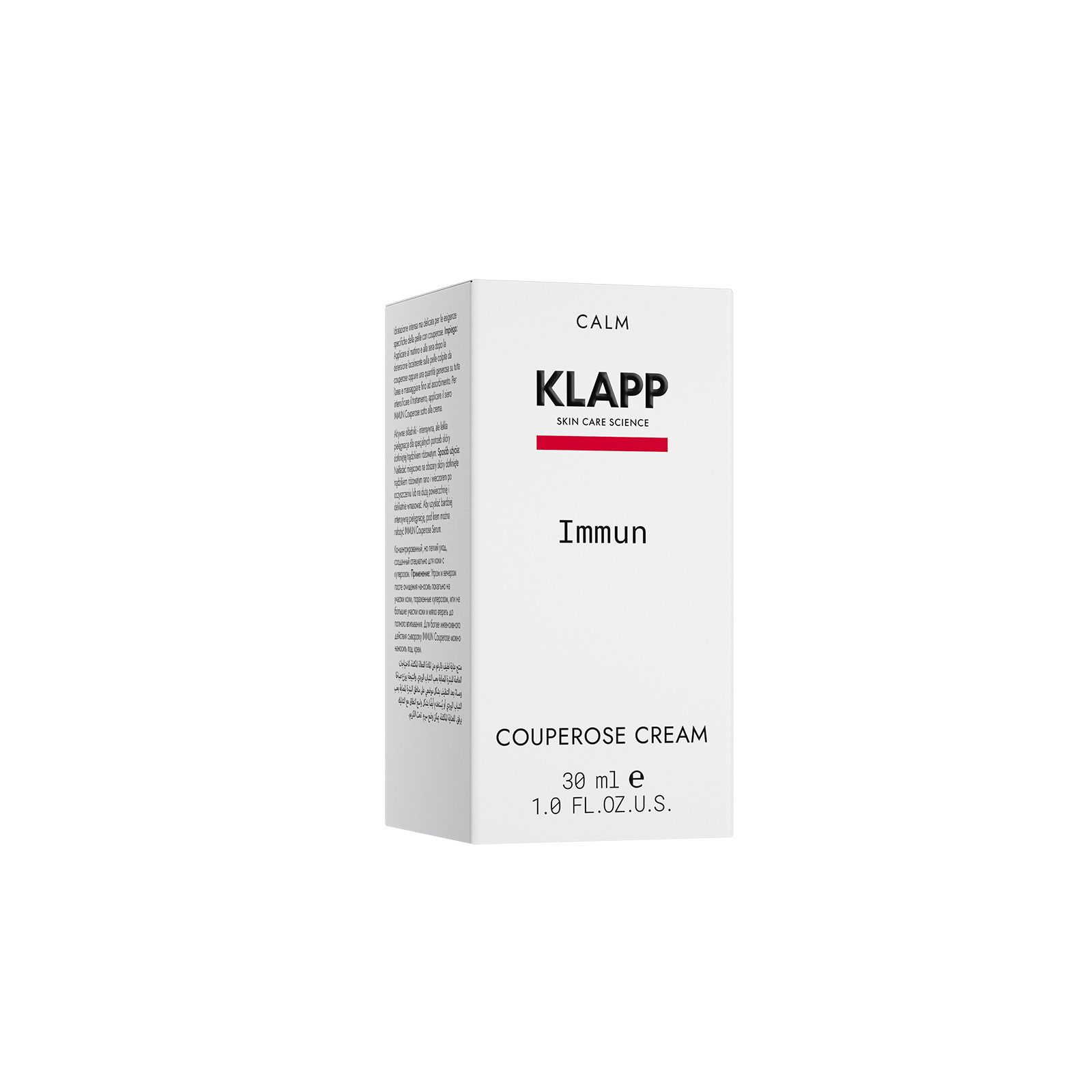 Weißer Karton. Oben: CALM, KLAPP, Skin Care Science. Mitte: Immun. Unten: Couperose Cream, 30 ml, 1.0 FL. OZ.
