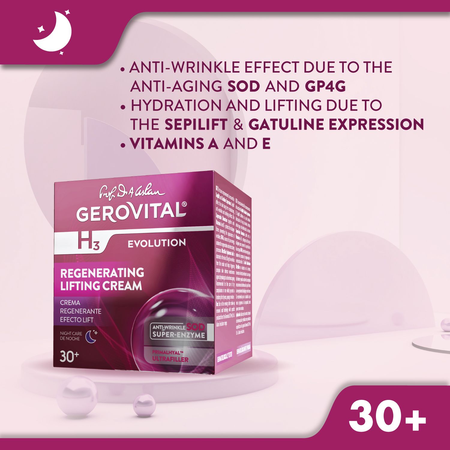 Schachtel. Text: Regenerierende Lifting-Creme. Anti-Aging SOD und GP4G. Feuchtigkeit durch Sepilift & Gatuline. 30+.