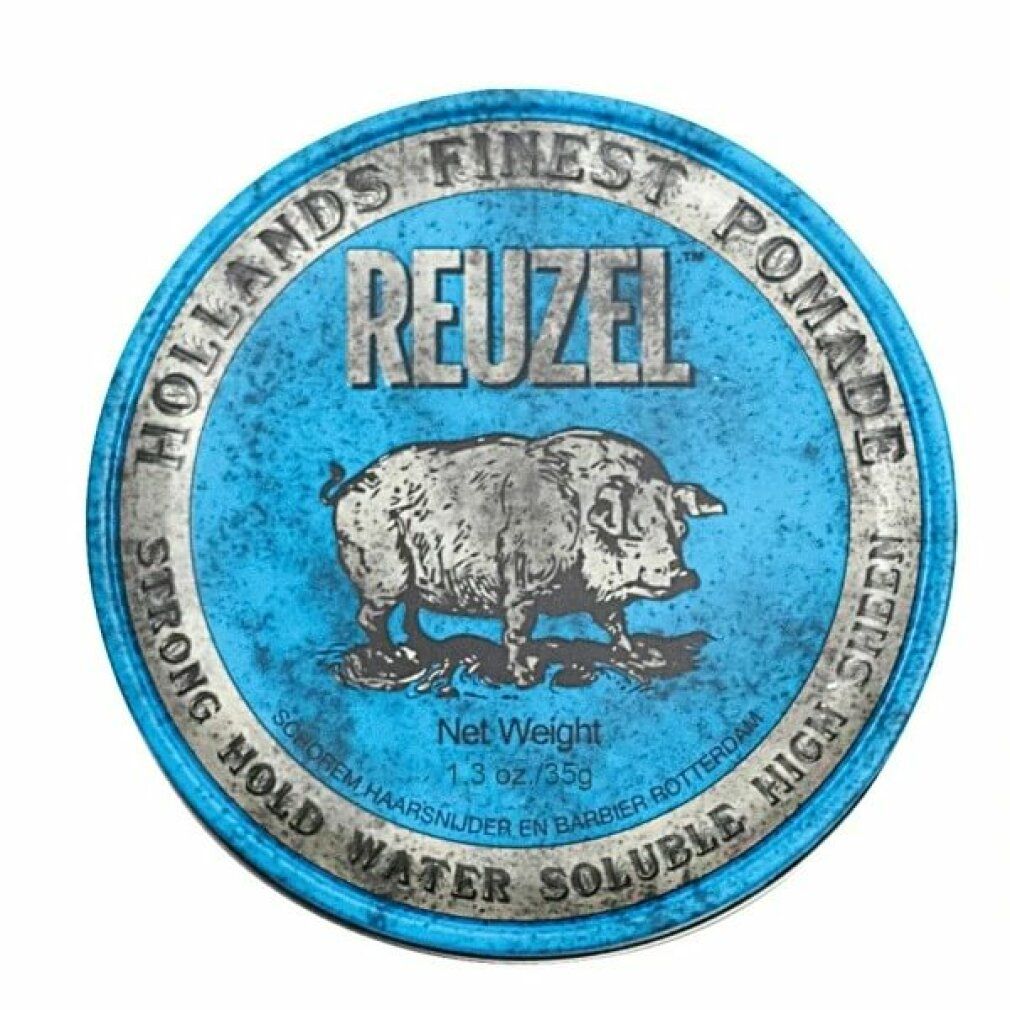 Blaue, runde Dose mit silbernem Rand. Aufschrift: Reuzel, Hollans Finest Pomade. Schweine-Illustration. 1.3 oz./35g.