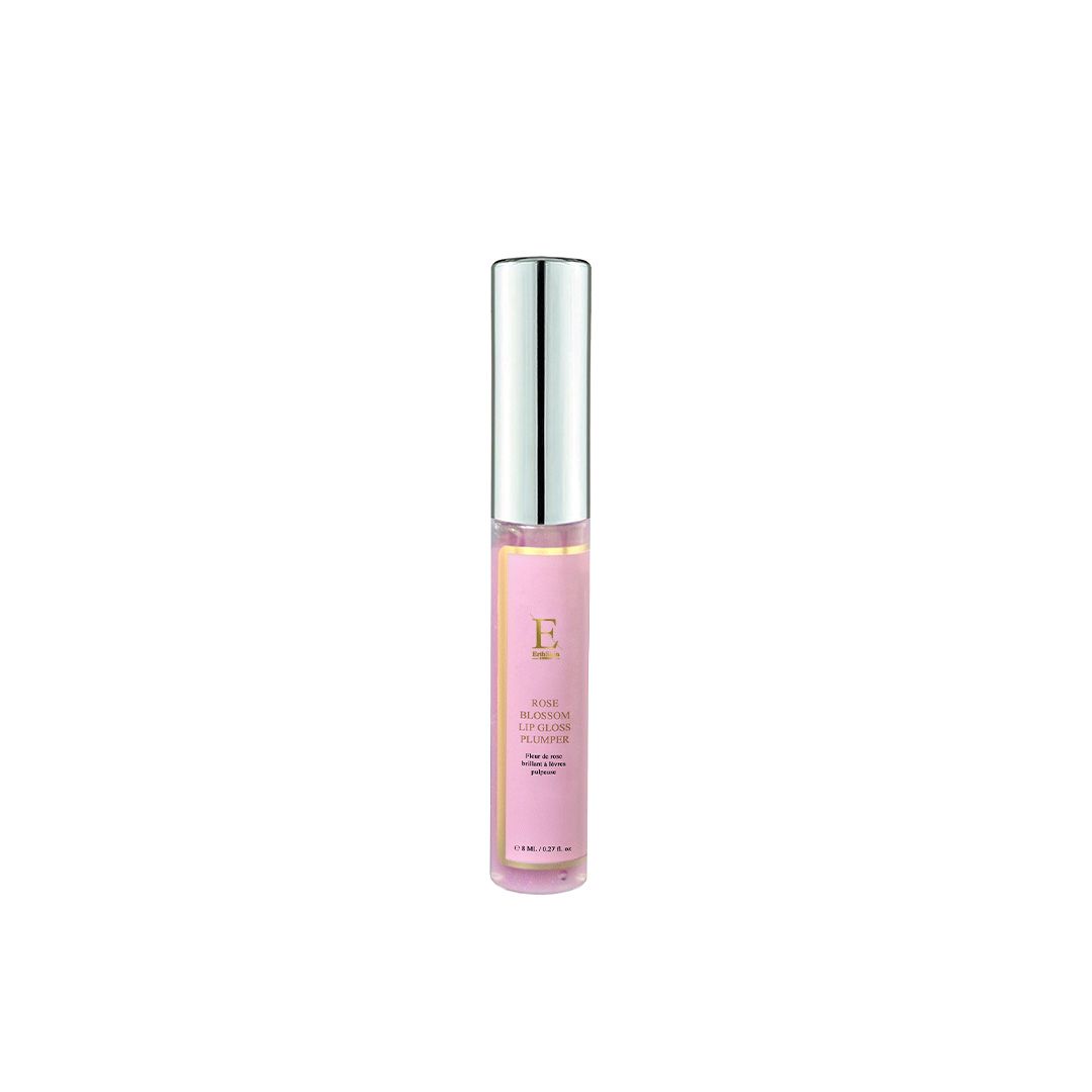 Lipgloss-Fläschchen. Rosa, mit silbernem Deckel. Beschriftung: Rose Blossom Lip Gloss Plumper. Marke: ErthSkin London.