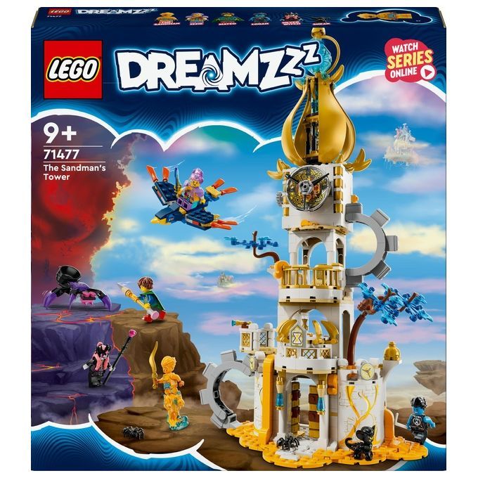LEGO DREAMZzz 71477, La Torre di Sandman, un set di costruzioni per bambini dai 9 anni in su. La confezione mostra il giocattolo assemblato, una torre bianca con dettagli dorati e personaggi. Lo sfondo mostra una scena fantasy con creature volanti e un orologio.