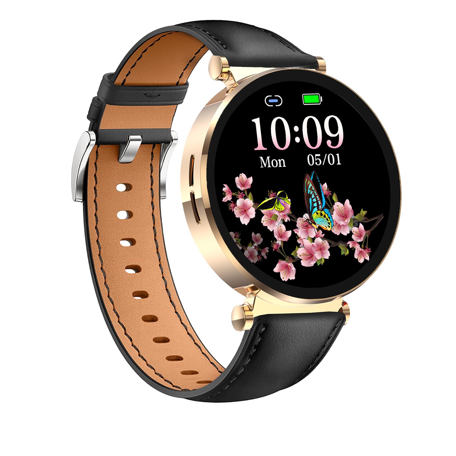 Goldfarbene Smartwatch mit schwarzem Lederarmband. Das Zifferblatt zeigt Zeit, Datum und ein Blumen- und Schmetterlingsmotiv.