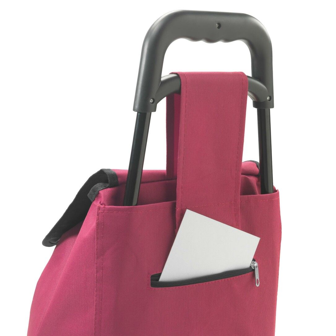 Detailansicht des METALTEX Shopping-Trolley Daphne. Tasche mit Reißverschluss und einer Karte.