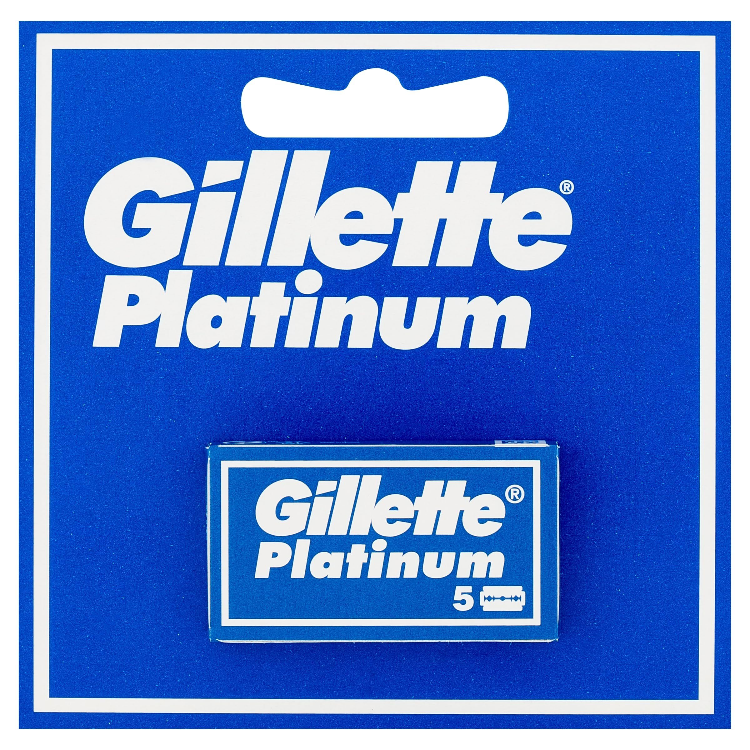 Blaues Verpackung mit weißem Rahmen. Oben: Gillette Platinum. Unten: Schachtel mit Rasierklingen, Gillette Platinum, 5 Klingen.