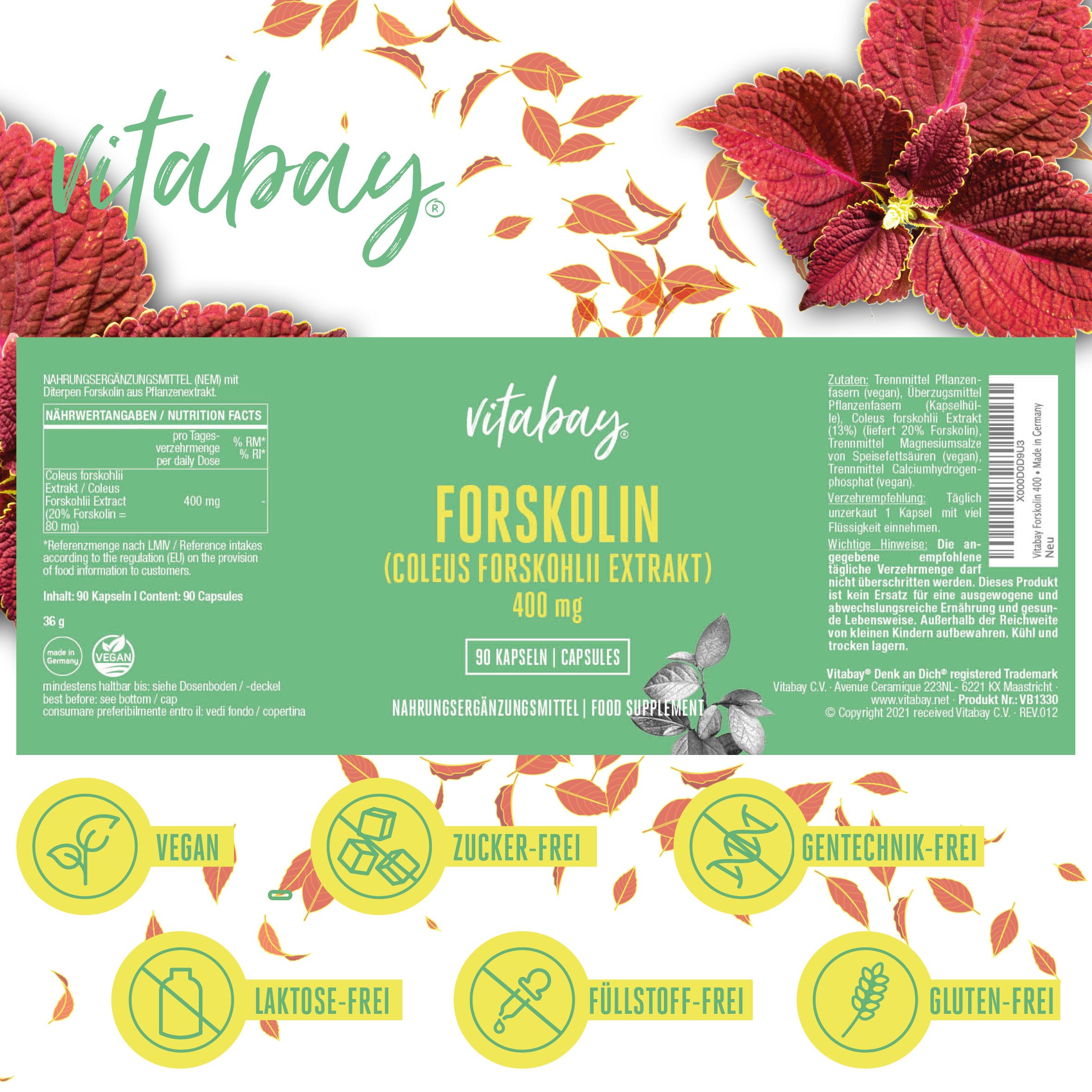 Vitabay Forskolin 400 mg Kapsel-Etikett mit Nährwertangaben und Siegeln.