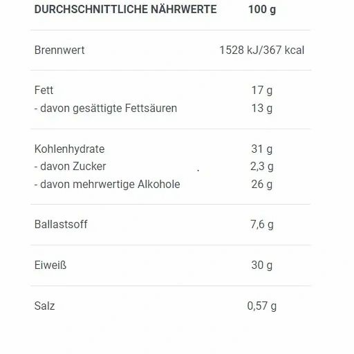 Nährwerttabelle mit Angaben zu Brennwert, Fett, Kohlenhydraten, Ballaststoffen, Eiweiß und Salz pro 100g.