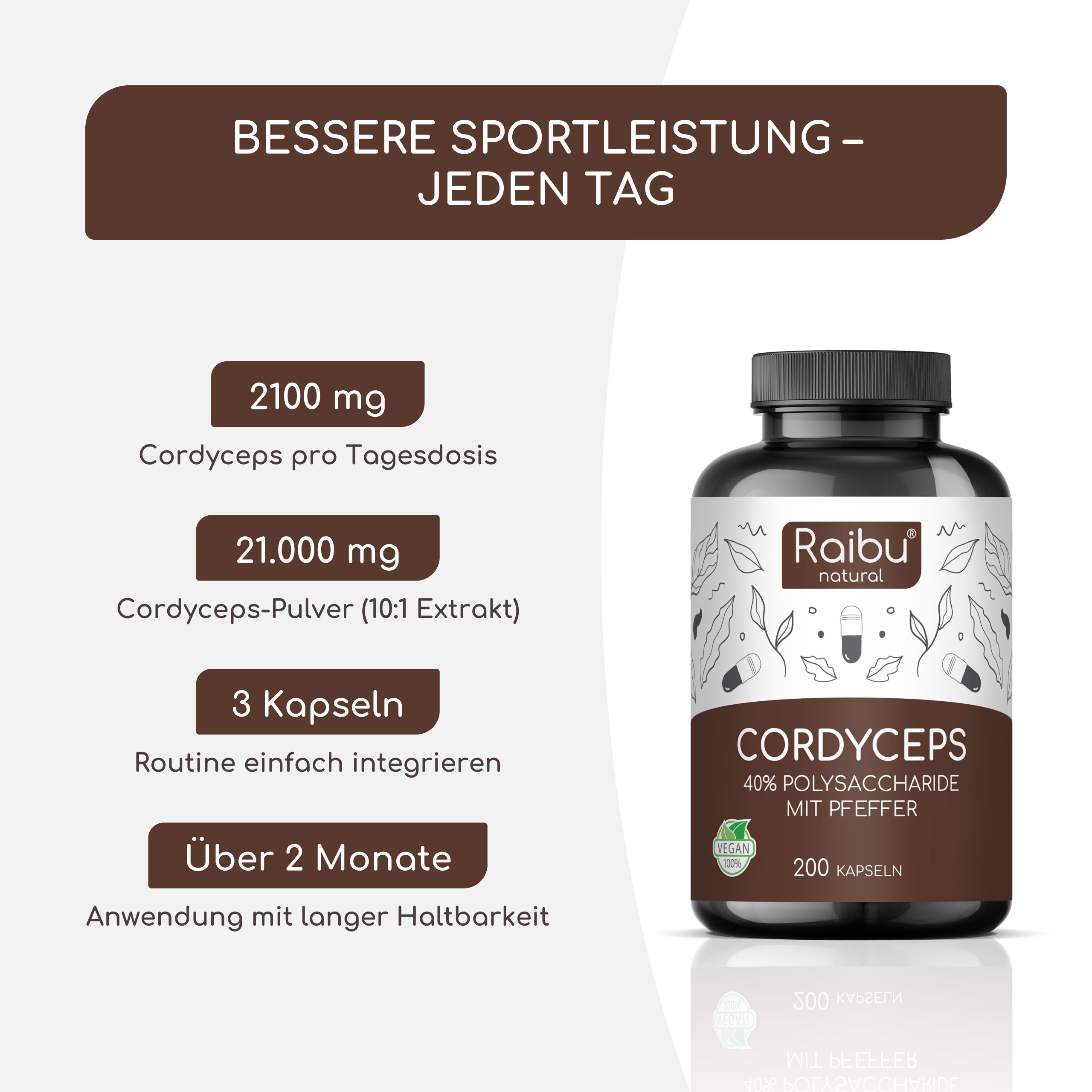 Text und Flasche Cordyceps. Aufschrift: Cordyceps, 40% Polysaccharide, 200 Kapseln. Vegan-Siegel.