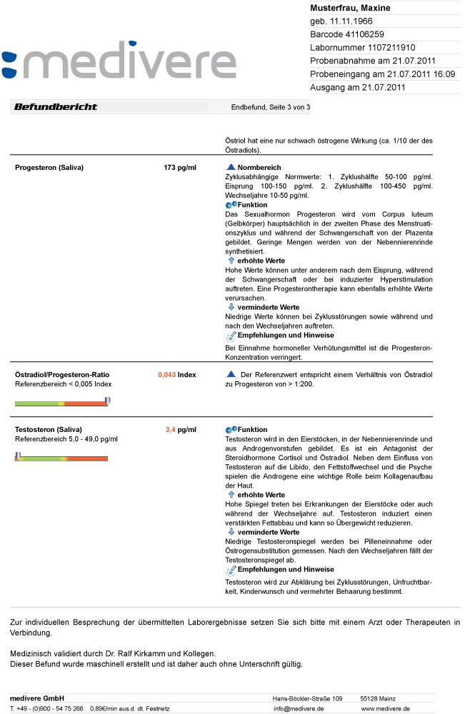 Medivere Befundbericht: Laborergebnisse für Hormone wie Progesteron und Testosteron.