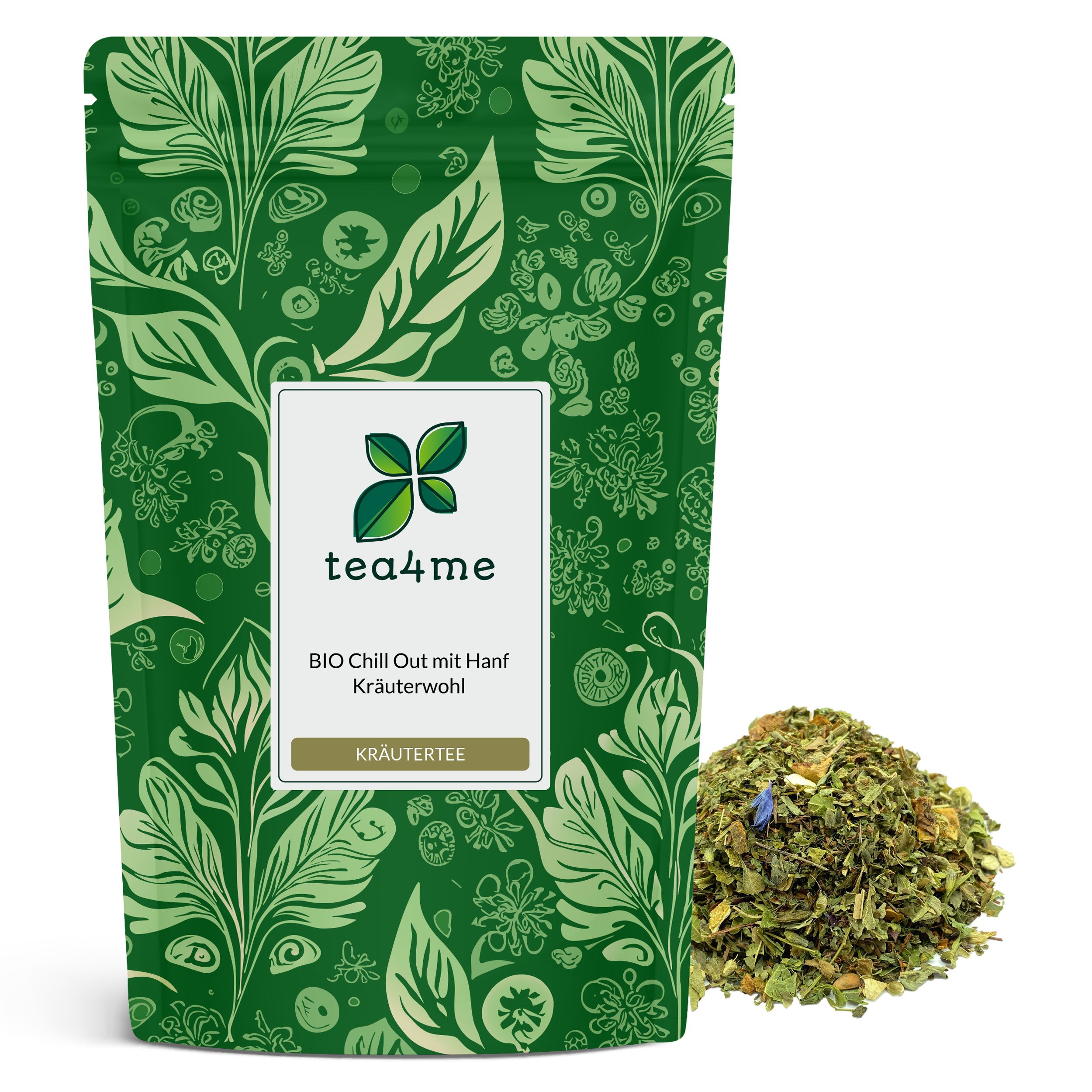 Grüner Beutel mit Kräutertee. Aufschrift: tea4me BIO Chill Out mit Hanf Kräuterwohl Kräutertee mit Orange-Geschmack. Daneben loser Tee.