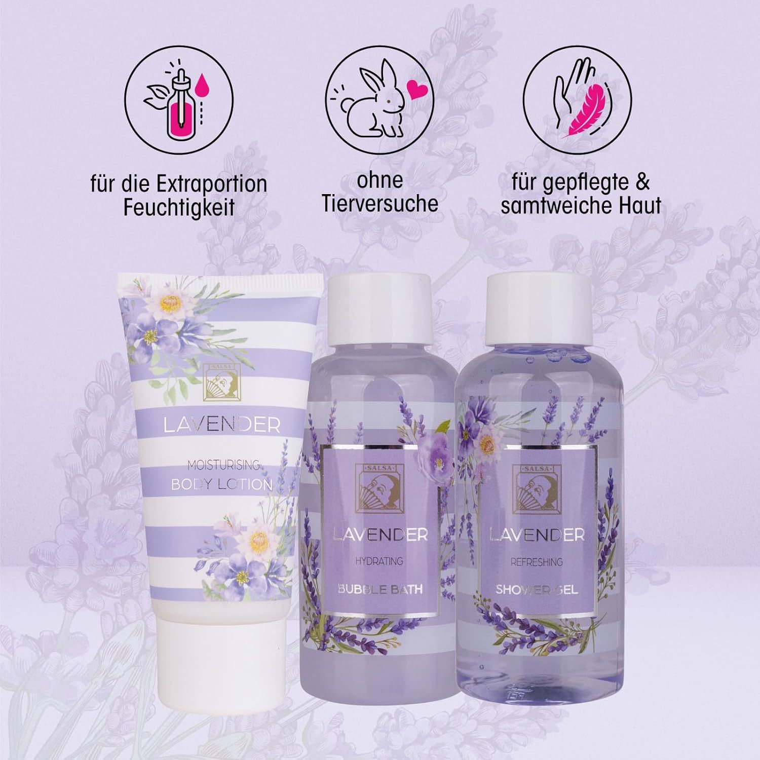 Duschgel, Schaumbad und Bodylotion. Produkte mit Lavendel-Design. Symbole: Extra Feuchtigkeit, tierversuchsfrei, sanfte Haut.