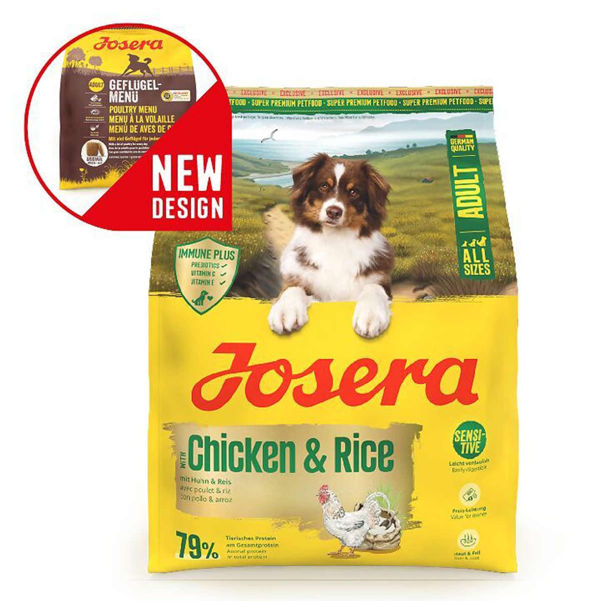 Josera Huhn & Reis Adult Hundefutter-Sack, neue Verpackung, mit Hundemotiv und Landschaft.