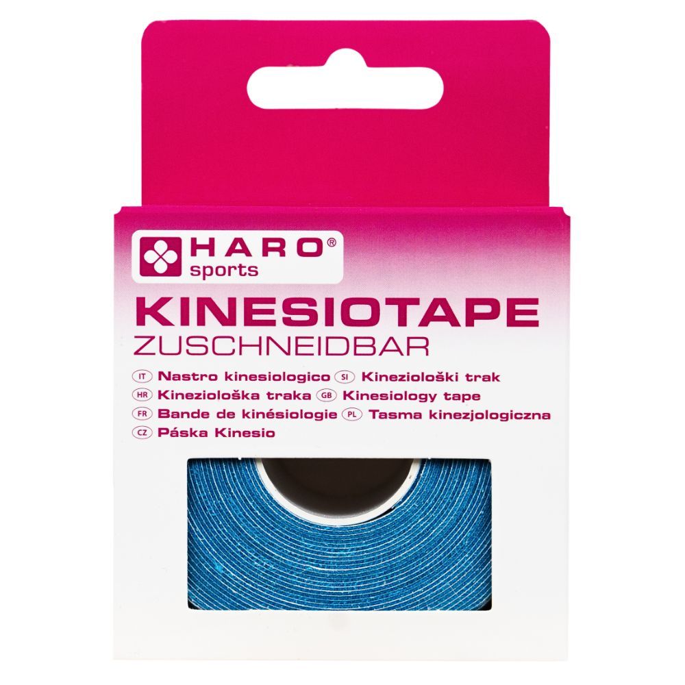 Blaues Kinesiotape auf Rolle in Verpackung. Marke HARO SPORTS. Aufschrift: KINESIOTAPE ZUSCHNIDBAR.