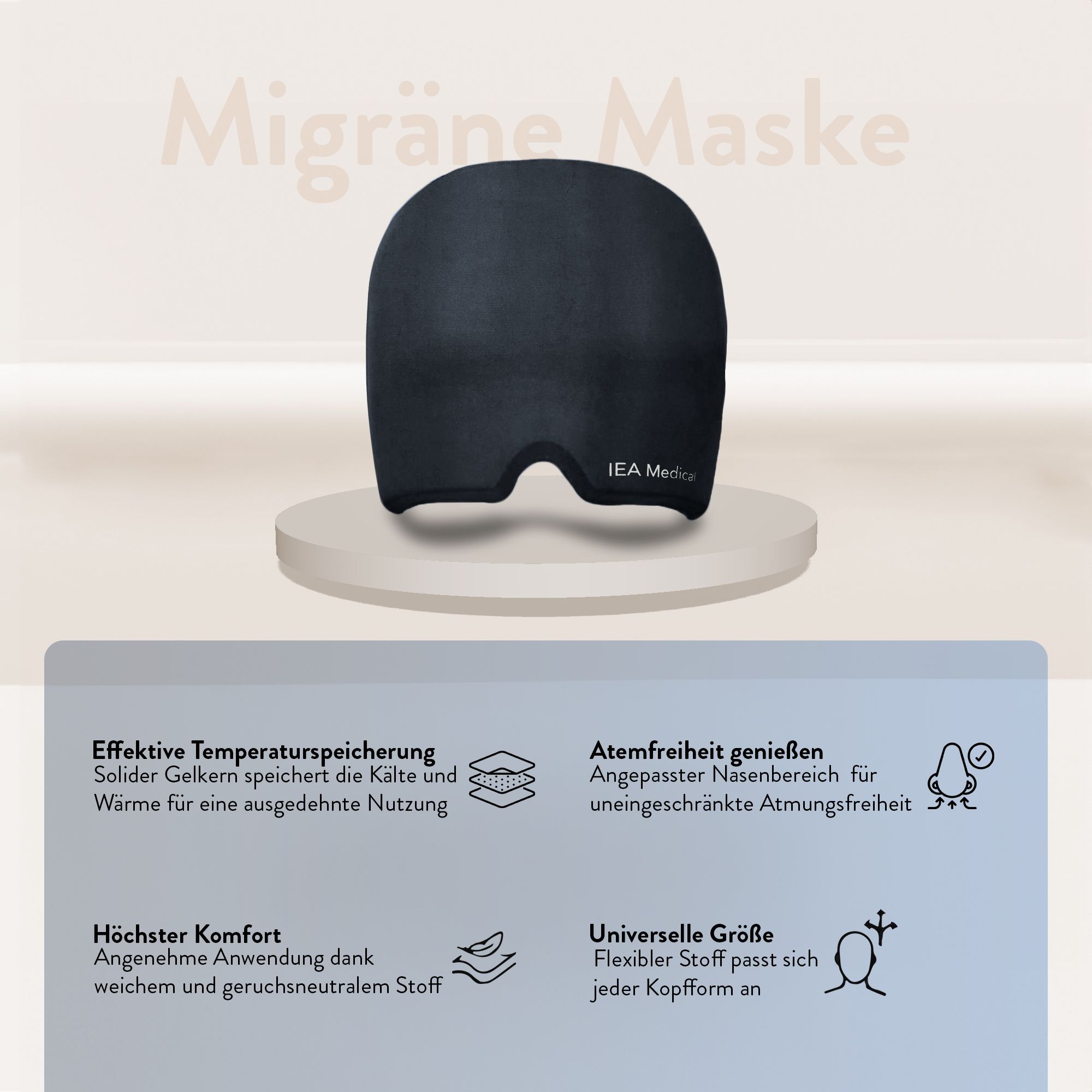 Schwarze Migränemaske auf Podest. Text: Migräne Maske. IEA Medical Logo. Produktinformationen.