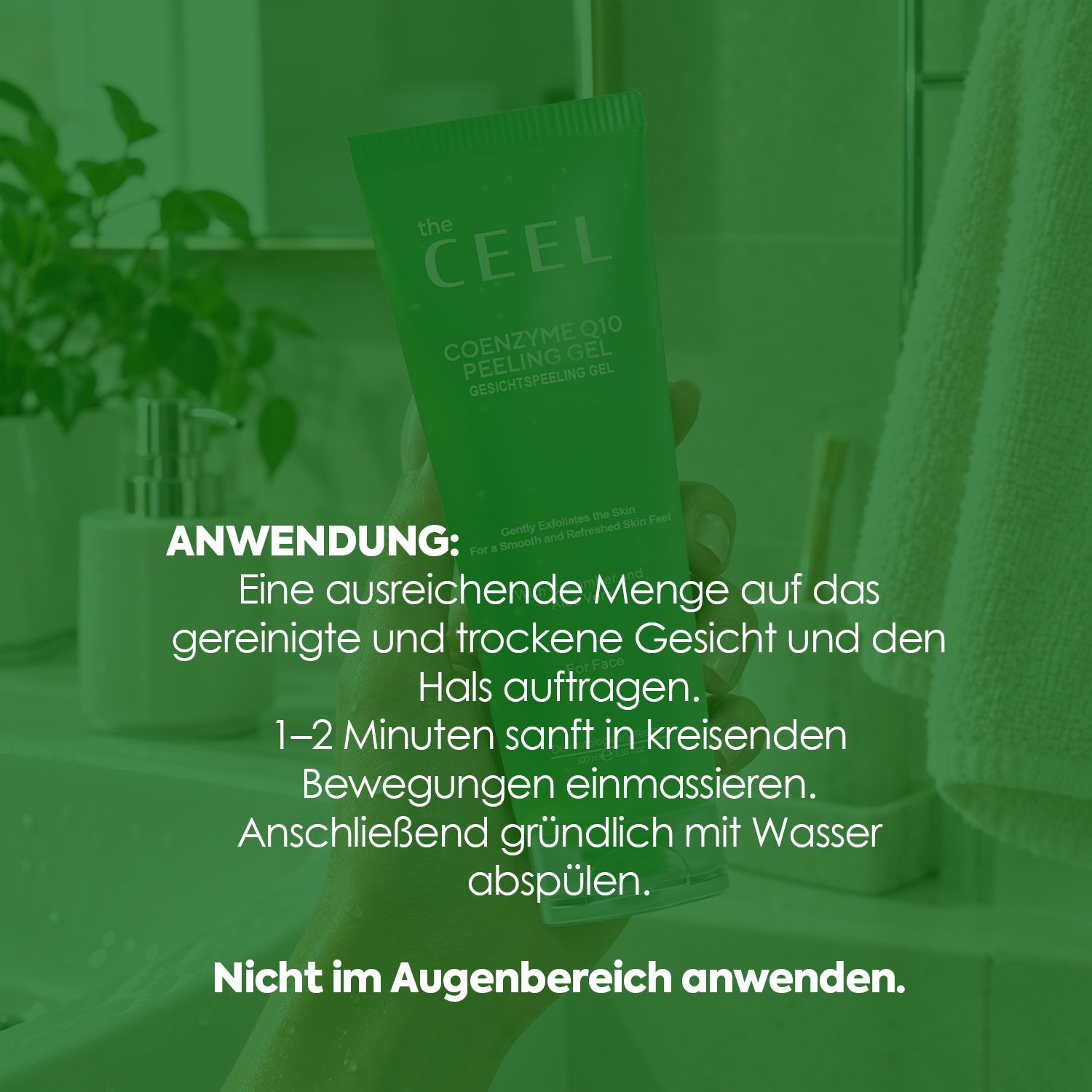 Grüne Tube "the CEEL COENZYME Q10 PEELING GEL" auf weißem Hintergrund. Produkt ist ein Peeling Gel.