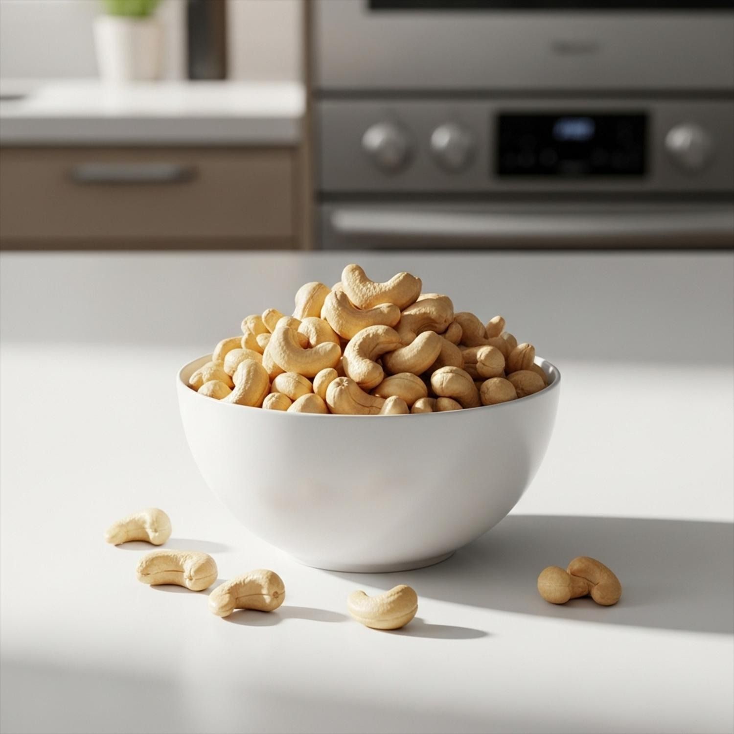 Eine Schüssel mit Cashewkernen, einige liegen verstreut daneben.